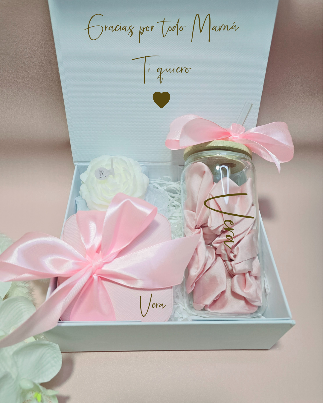Elegant personalized tumbler and satin scrunchie in premium gift box