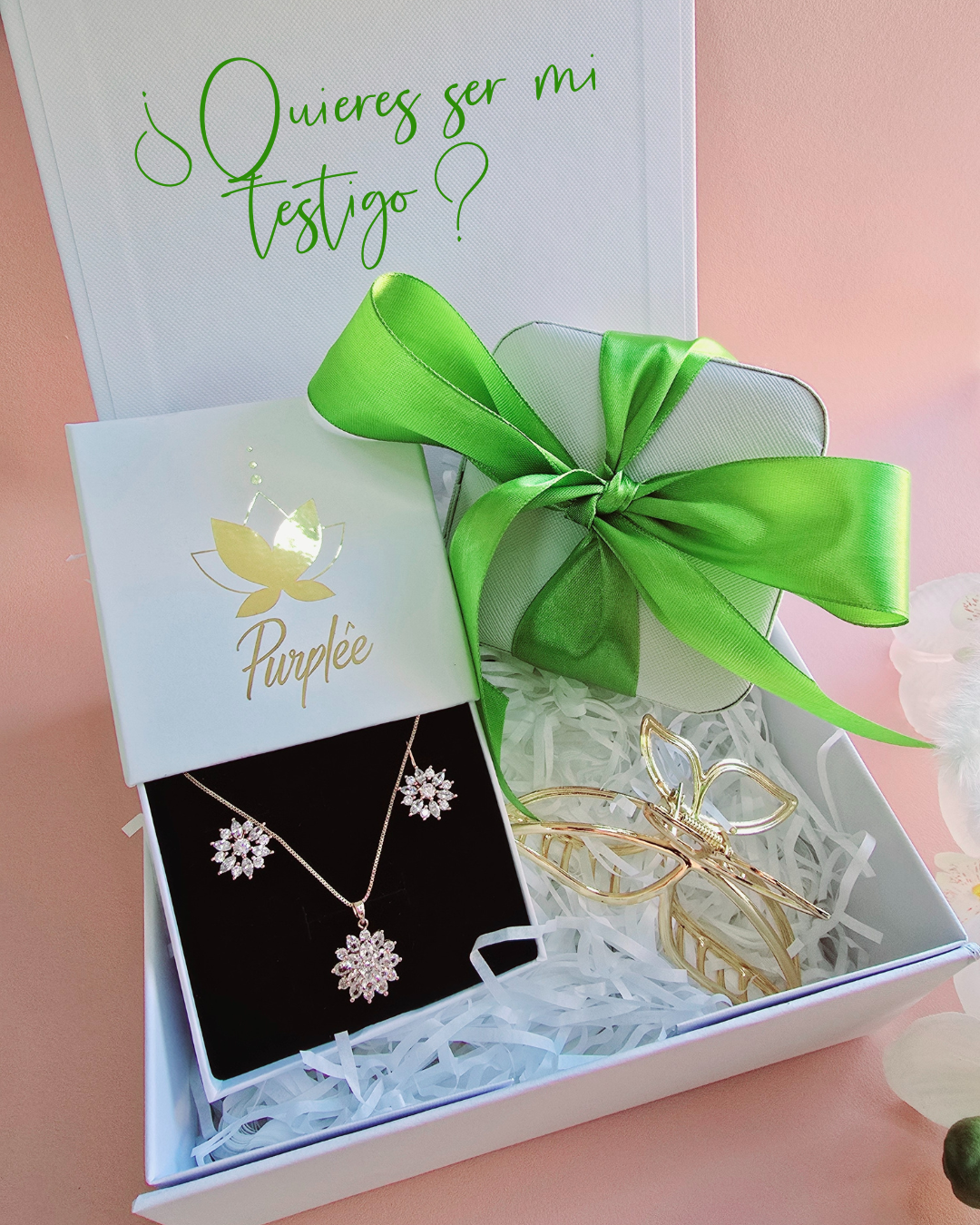 Caja regalo con mensaje personalizada. Incluye set de joyas brillantes de Purplêe Store en caja blanca y pinza dorada de mariposa y caja de joyas.