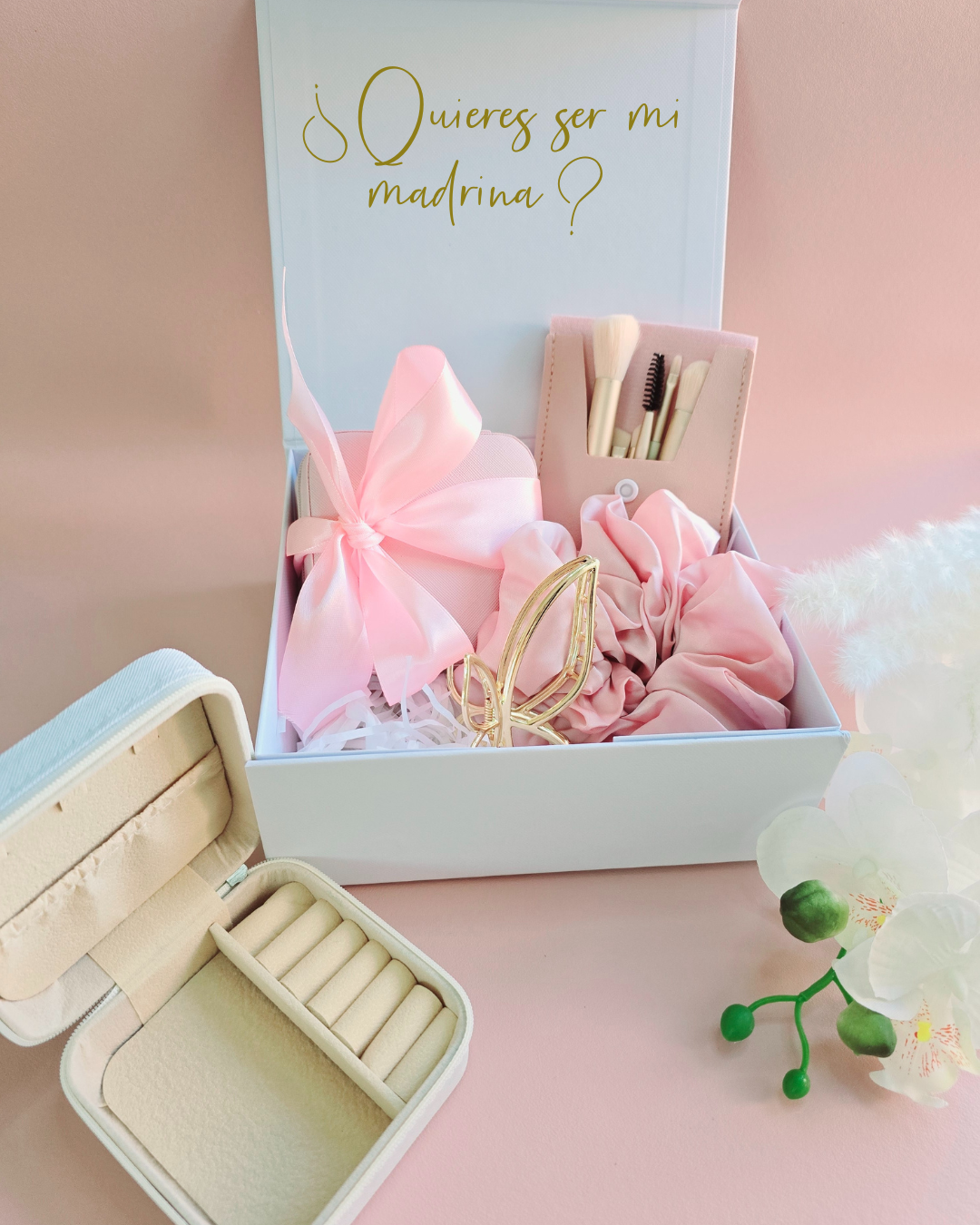 Elegant magnetic box with jewelry pouch and makeup brush set