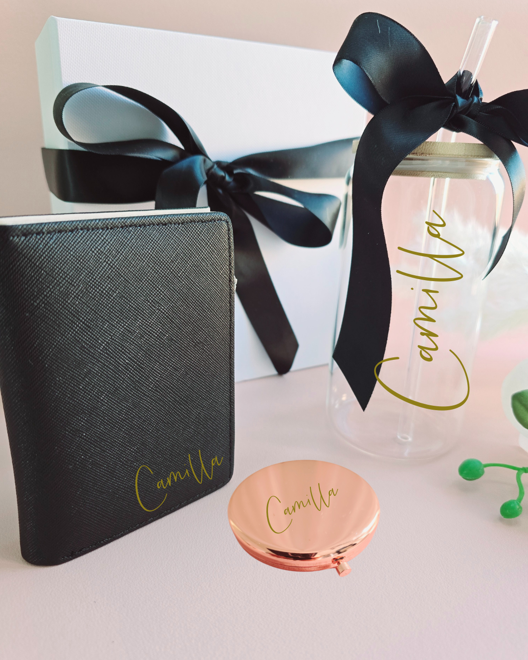 Luxury gift box with tumbler, compact mirror, and spa hair clip