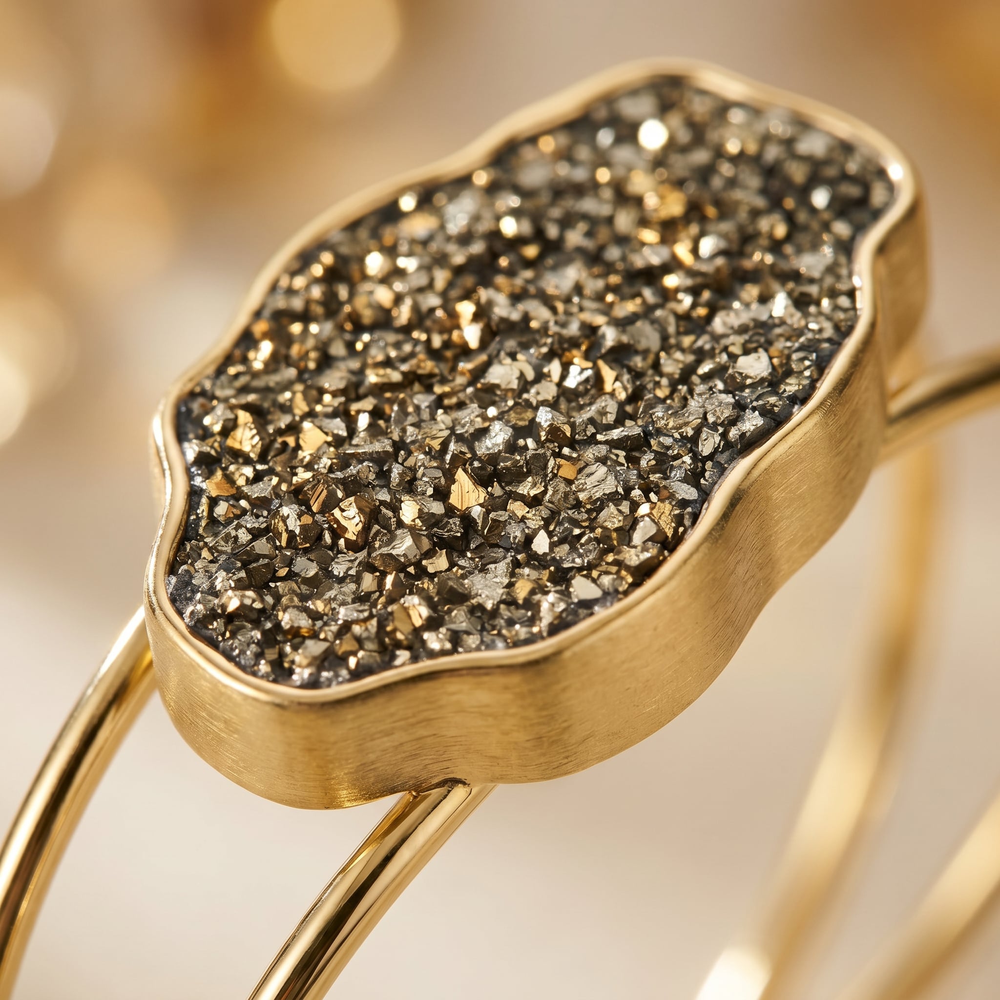 Earthly Opulence Golden Fire Pyrite Cuff|Purplee Store on a blurred gold background