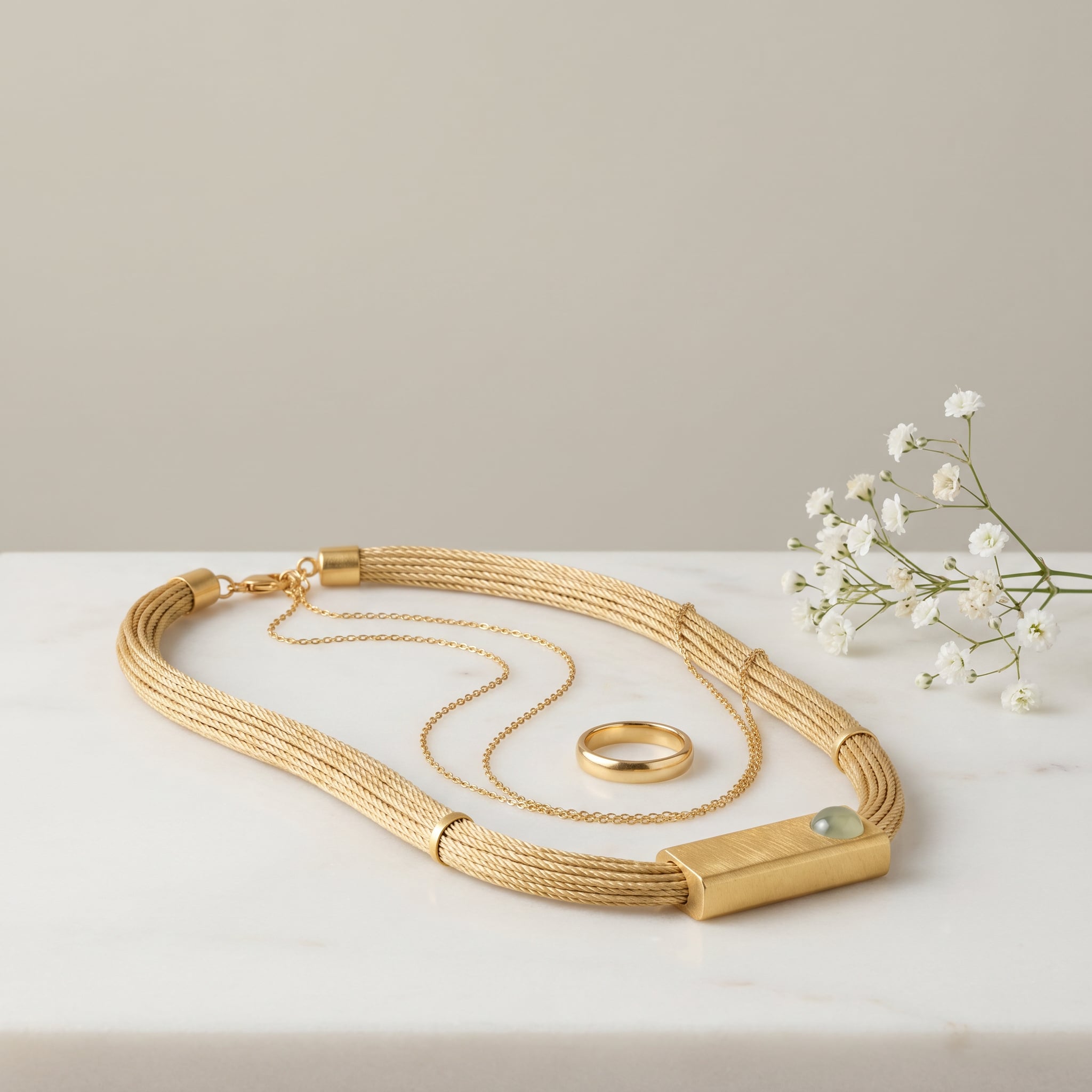 Purplee Store Buriti Geometric Orvellia Necklace and ring set on a light surface with small white flowers.