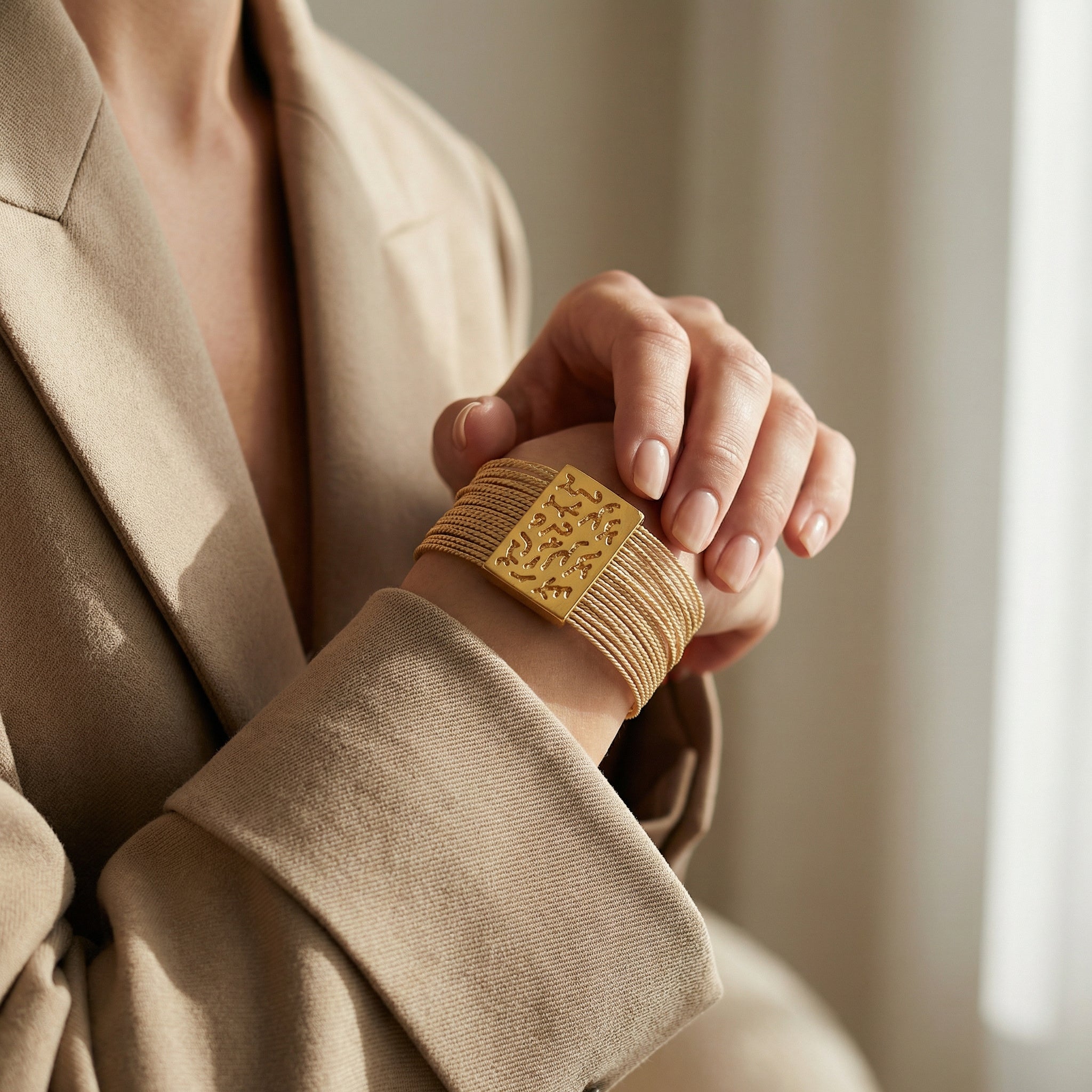 Woman wearing a Buriti Handcrafted Geometric Bracelet with 18k Gold Detail with intricate design, holding it with their other hand. Purplee Store