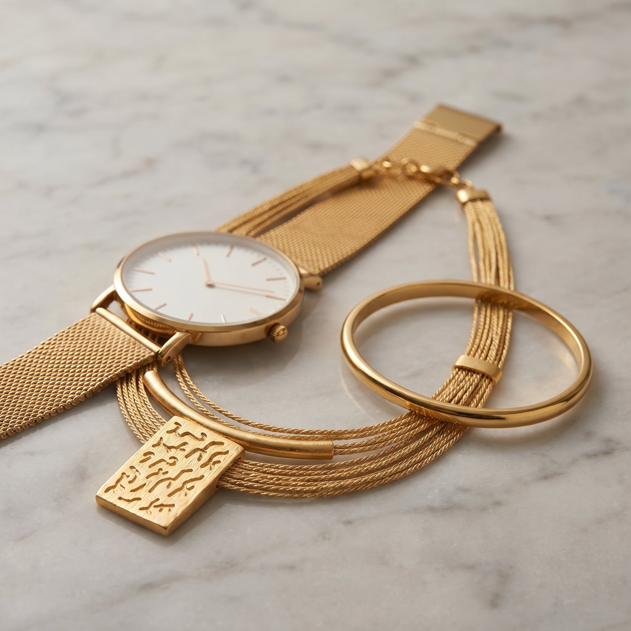 Buriti Statement Solari Necklace and Gold watch and bracelet set on a marble surface by Purplee Store