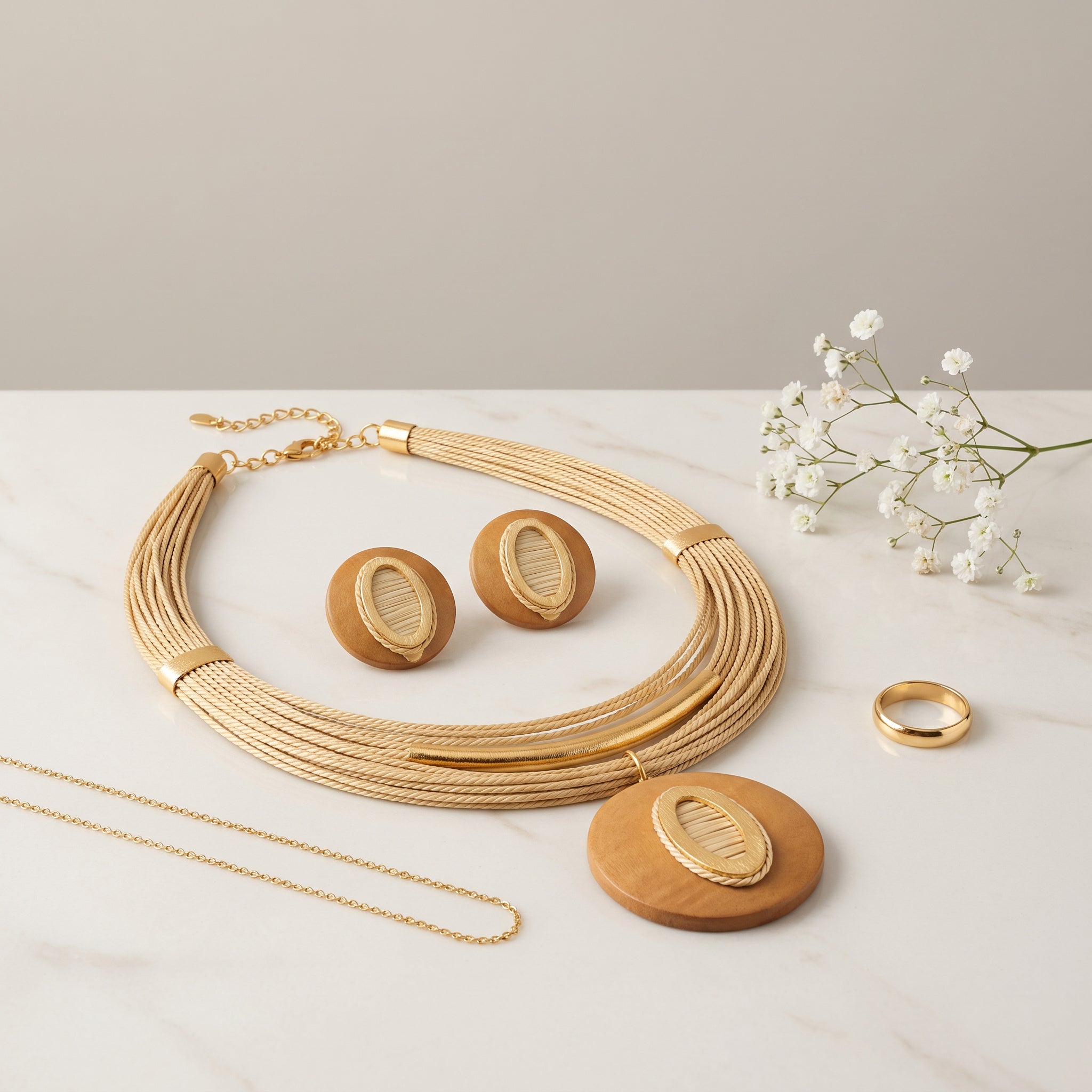 Purplee Store Buriti Statement Vireli Set set including necklace, earrings, and rings on a light surface with small white flowers.
