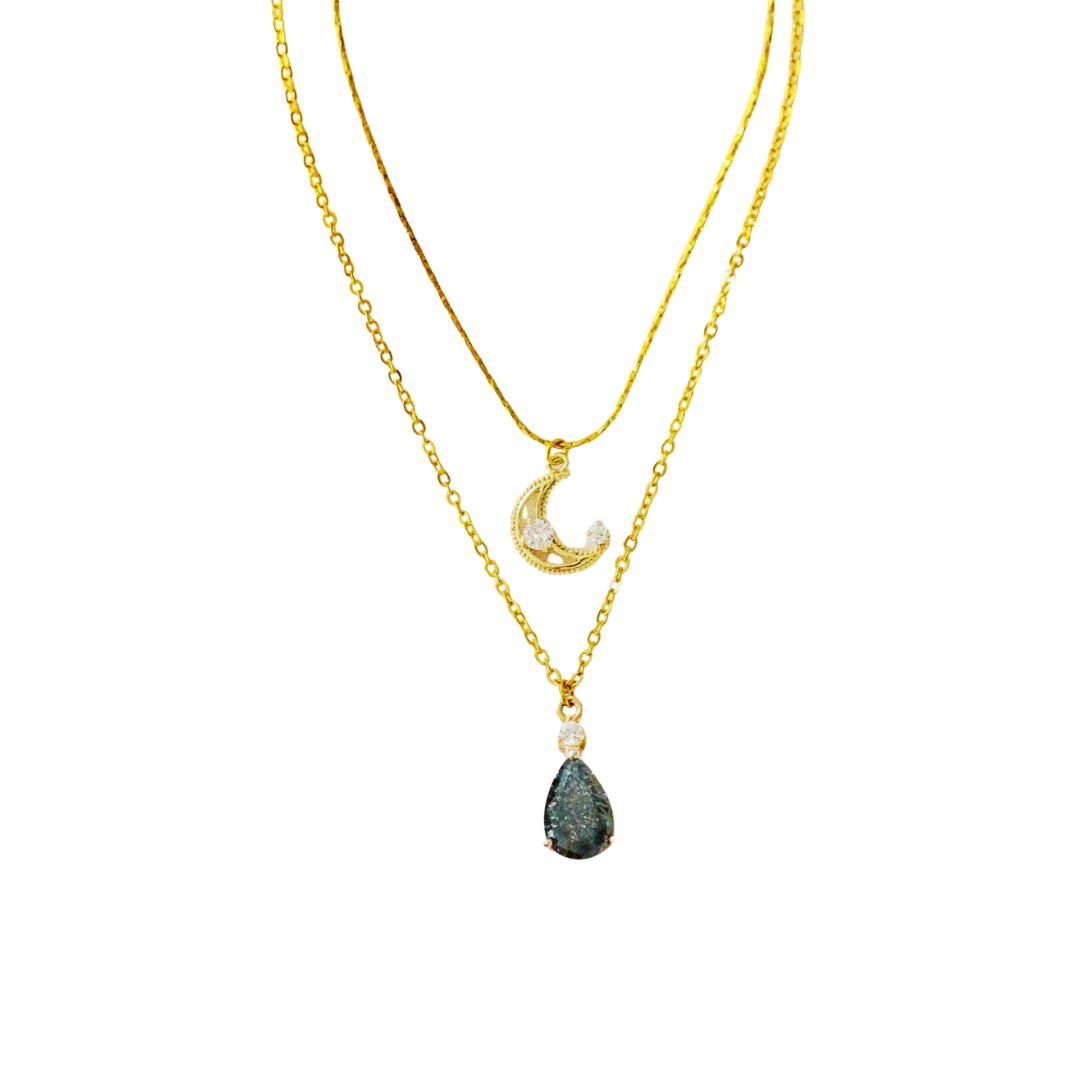 Collar doble dorado con colgantes de luna y lágrima de piedra natural – joya delicada para mujer de Purplêe Store
