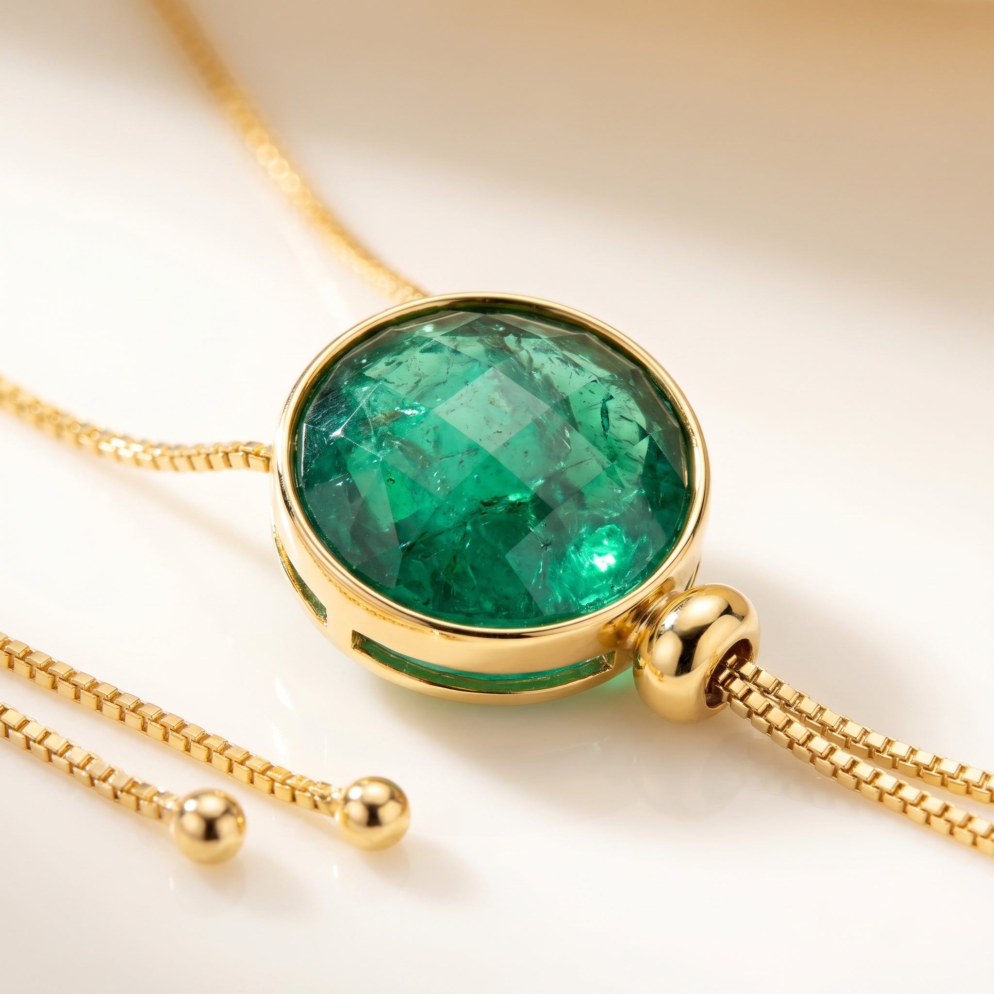 Close-up ELAN Emerald Statement Necklace pendant on a light background of Purplee Store
