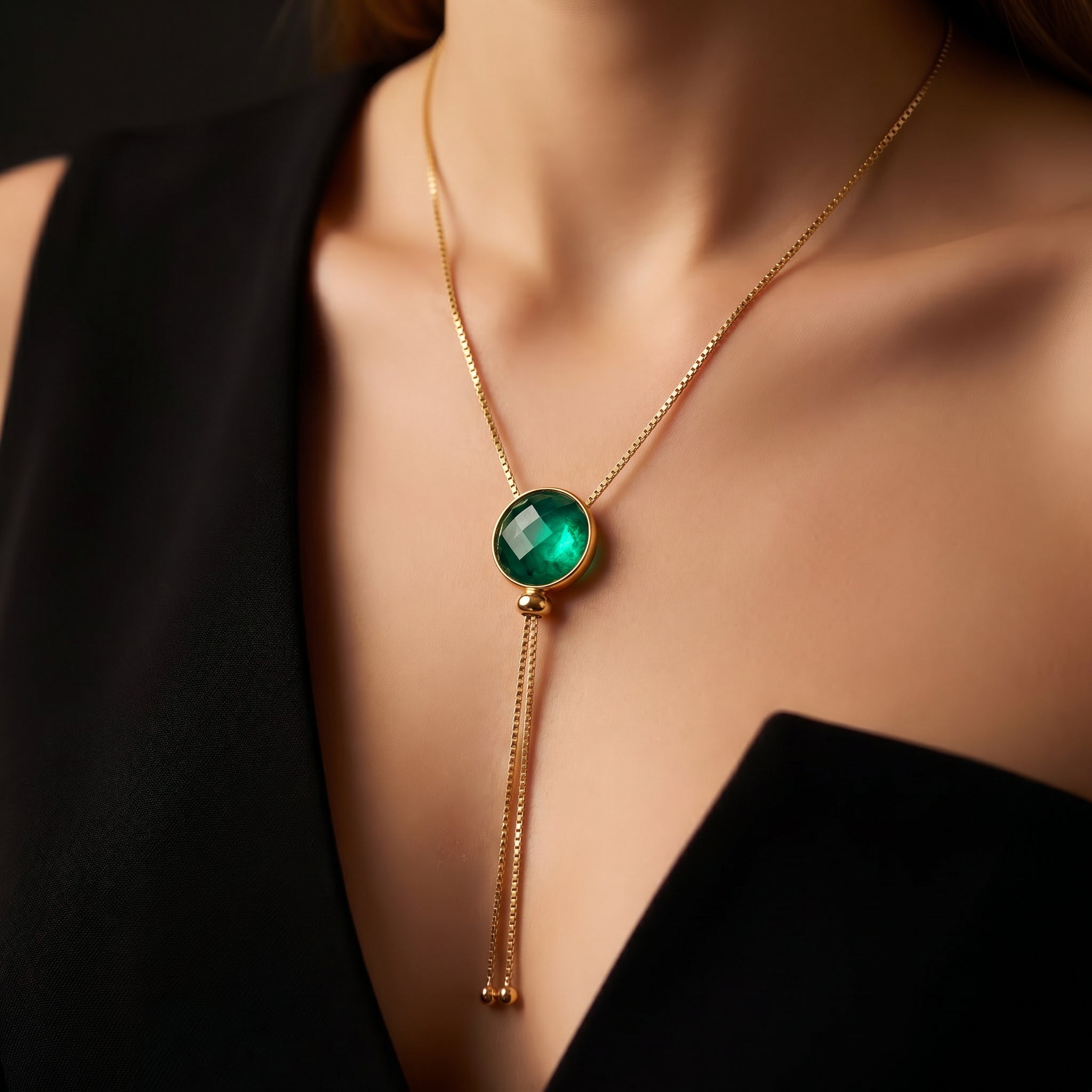 Purplee Store ELAN Emerald Statement Necklace on a model wearing a black top.