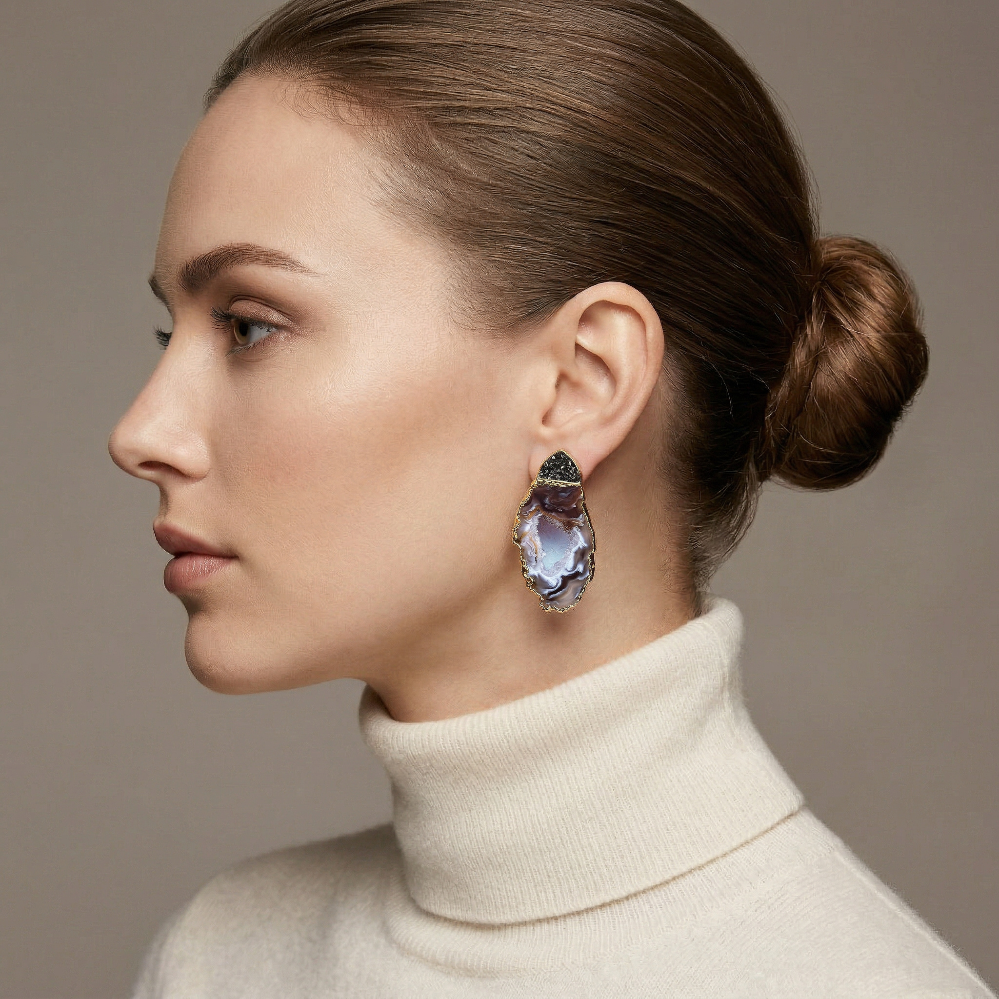 Womand using a Alchemical Pyrite & Natural Geode 24K Gold Studs Purplee Store