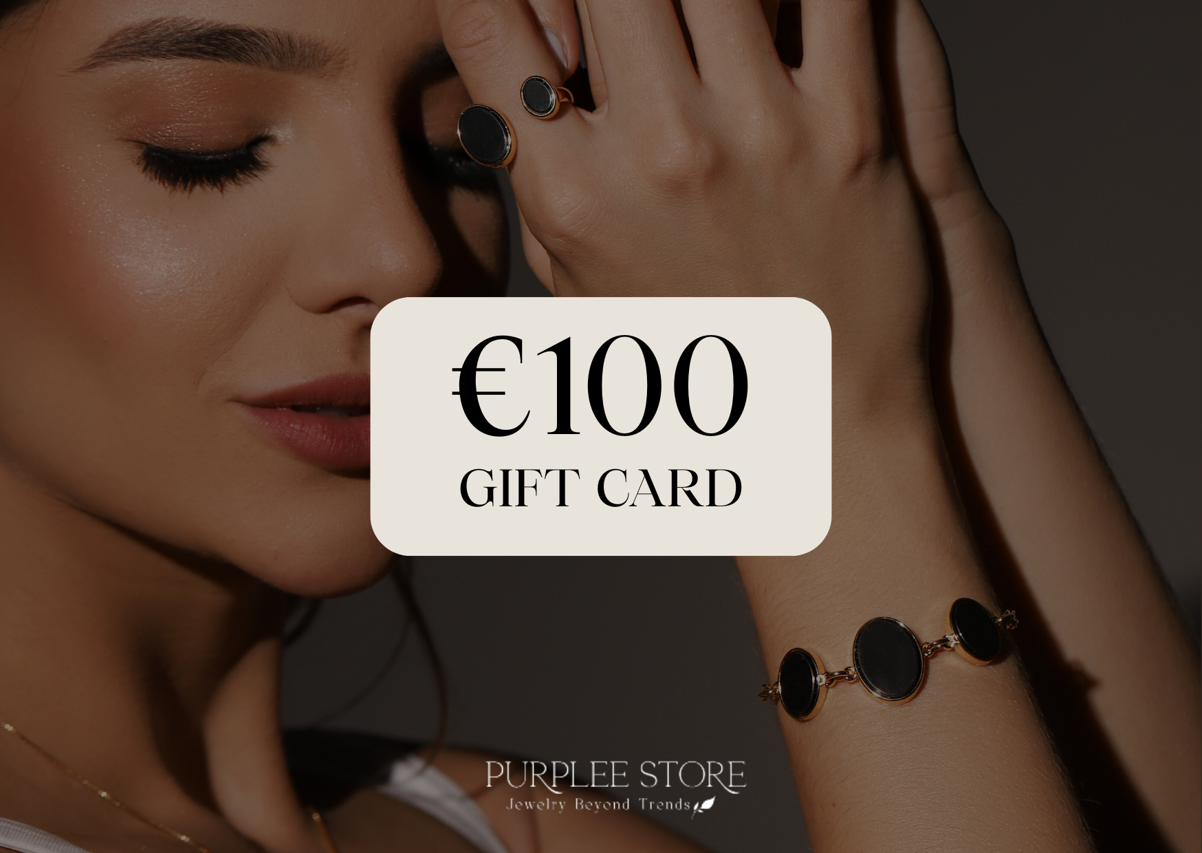 Woman wearing a gold and black earring with a €100 gift card overlay, brand 'Purplee Store' visible.