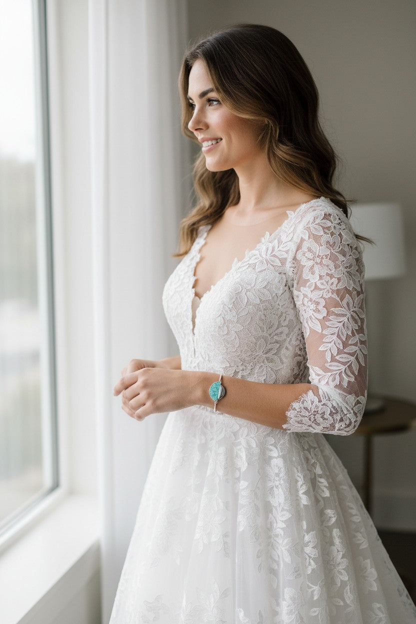 Bride woman using a PERELLE bracelet Colection Purplee Store