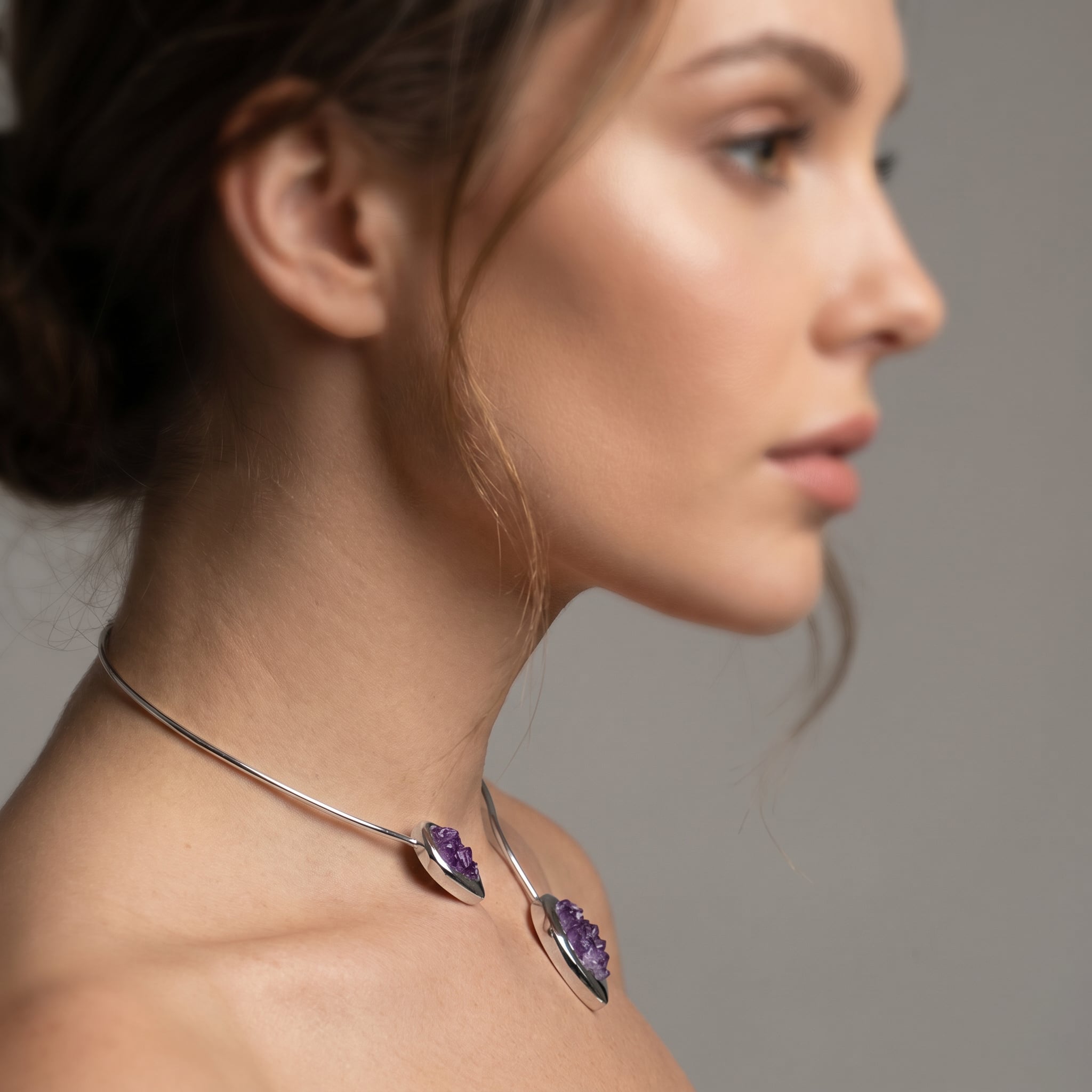 Woman wearing a Purplee Store PIORELLI Statement Amethyst Choker against a neutral background