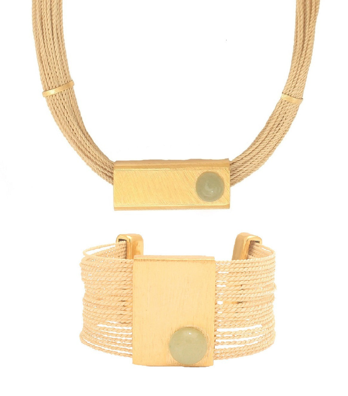 Conjunto de Purplêe Store con collar y pulsera hechos a mano en palha de burití con piedra natural intercambiable (ágata, cuarzo verde o madreperla) – joyas sostenibles de diseño minimalista
