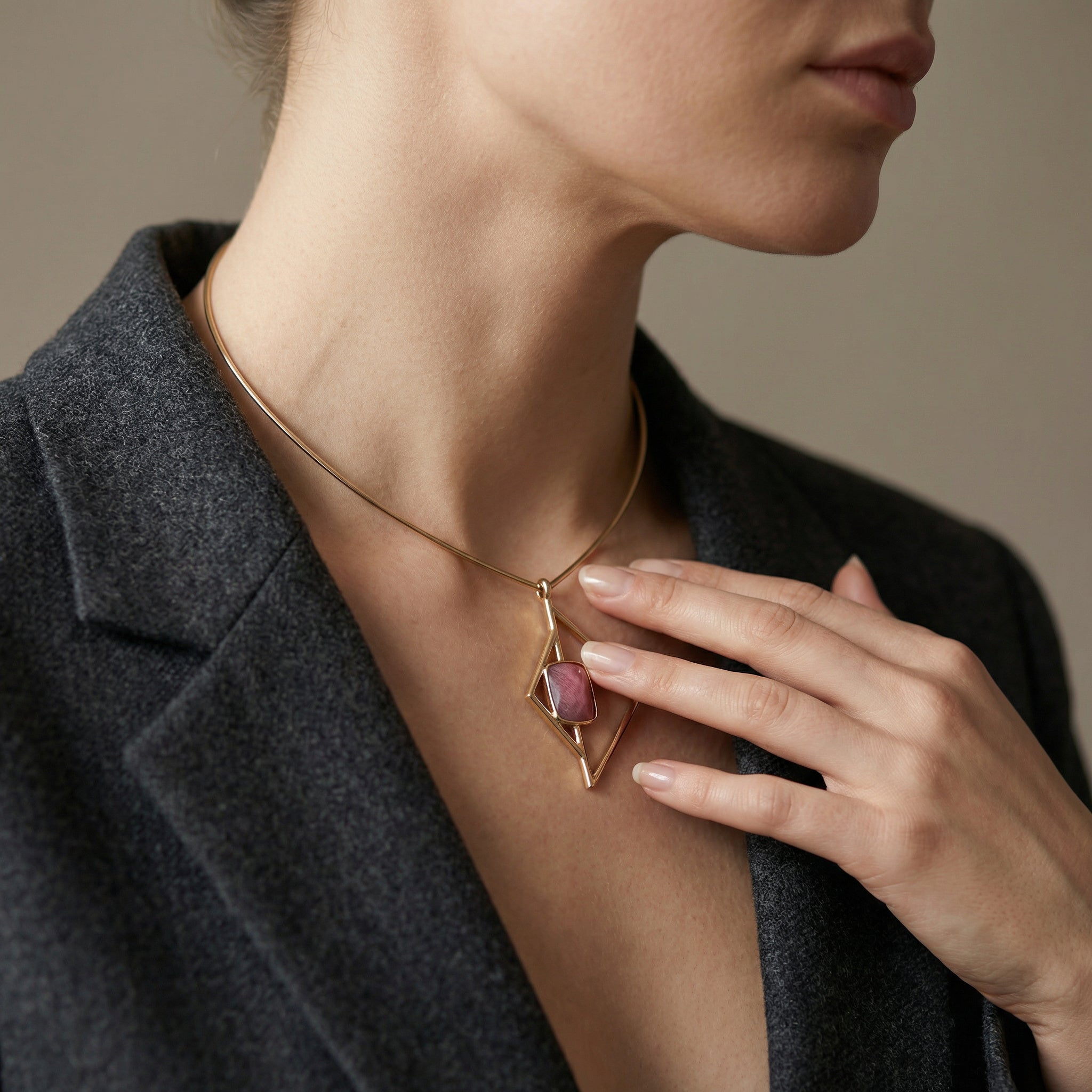 Genuine Rhodonite Statement Necklace 24K Gold Plated - Architectural Design