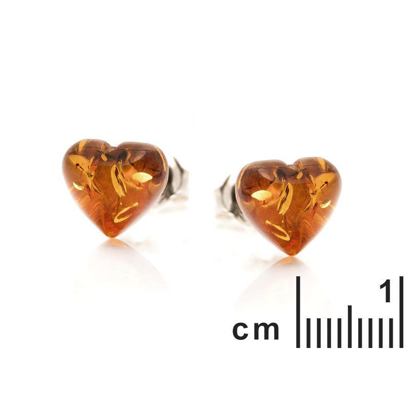 Amber Heart 925 Silver Studs|Purplee Store on a white background, accompanied by a scale for size reference.