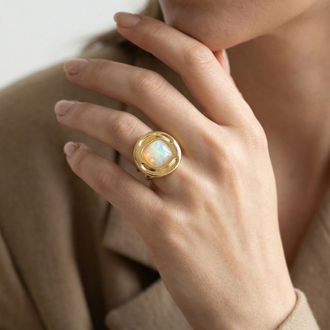 Premium 24K Gold Plated Ring with Genuine Opal of the Sea | Luxury handcrafted jewelry with natural materials and genuine stones - Purplee Store