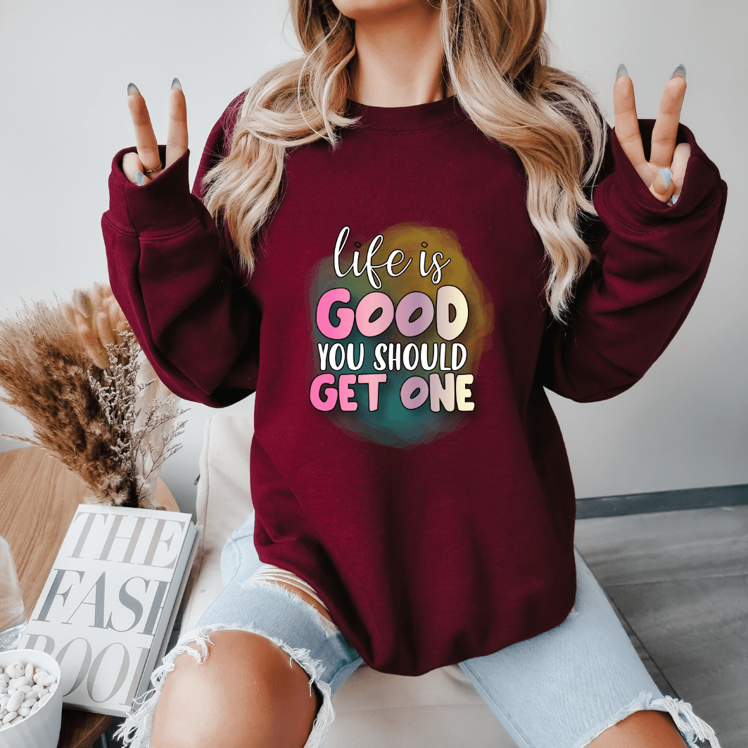 Life is Good- Sudadera de cuello redondo (rojo oscuro) - Purplêe Store