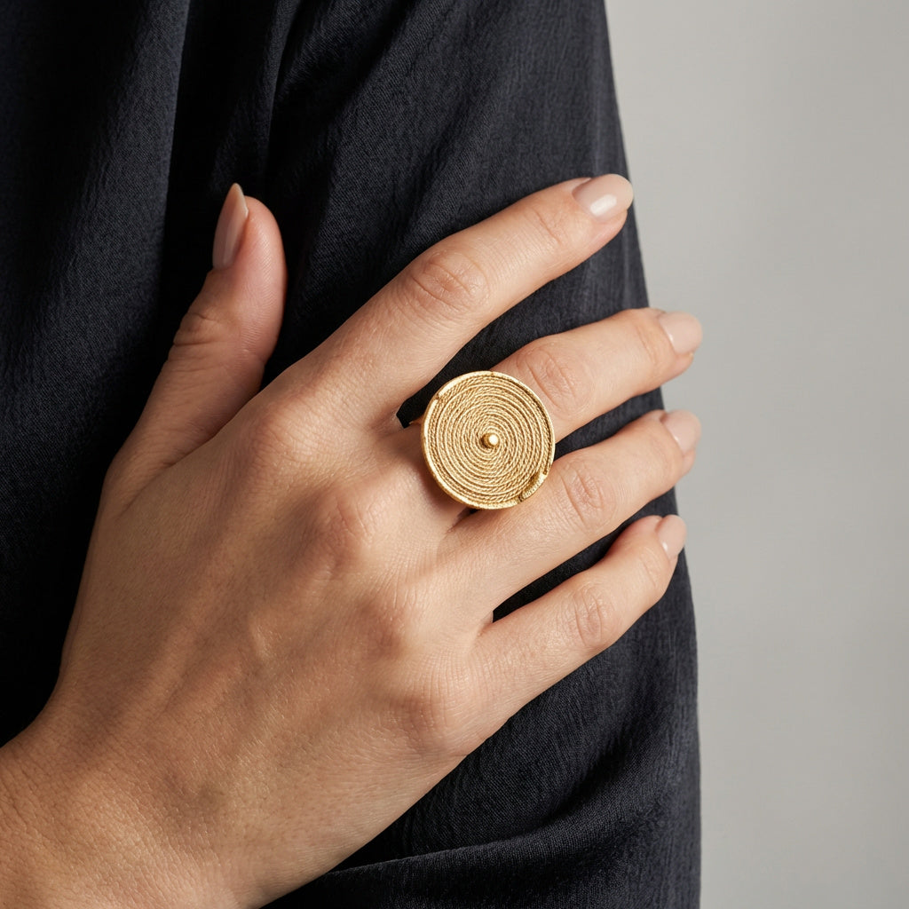 Adjustable Buriti Ring, 18k Gold - Artisan Eco-Chic on a hand with a plain background. Purplee Store