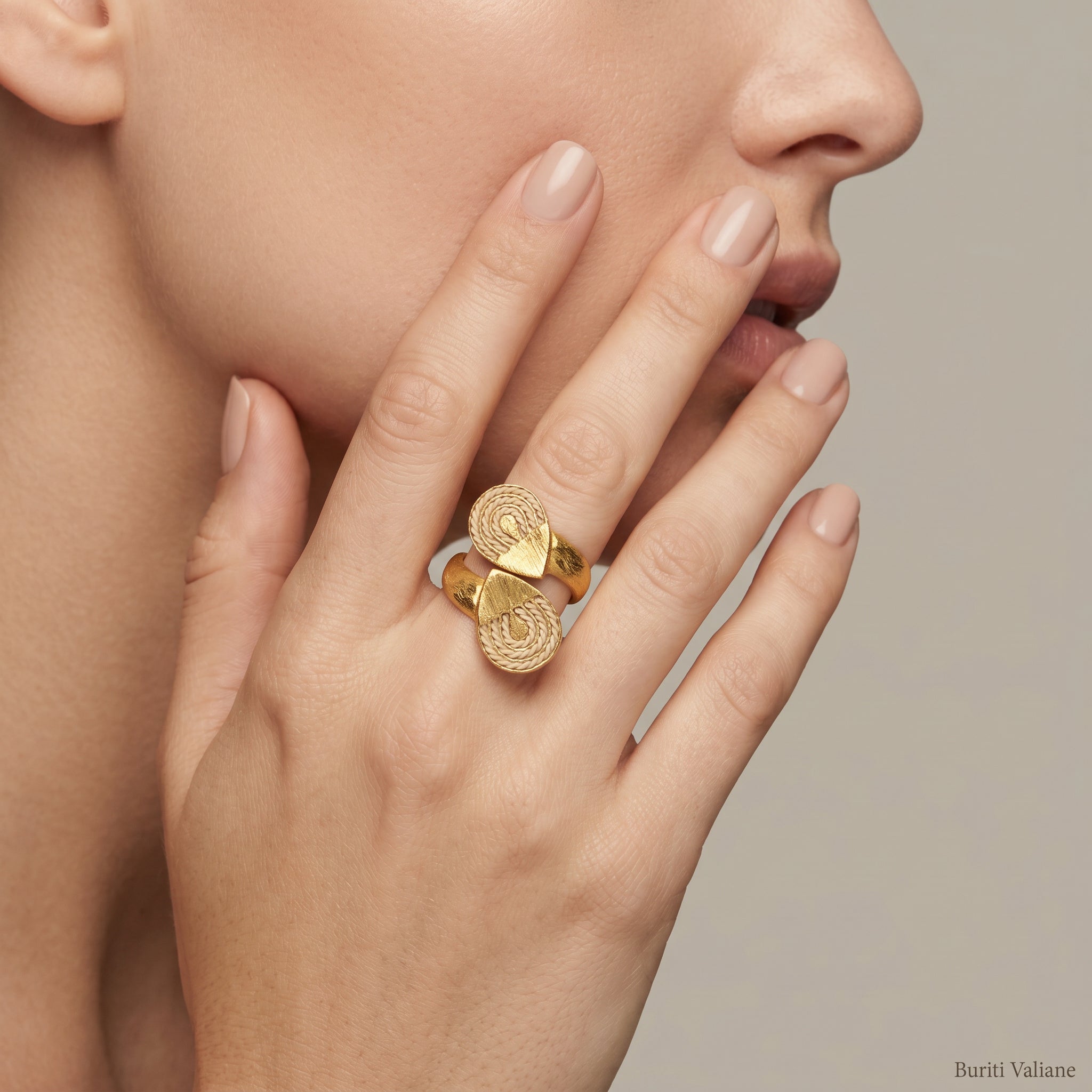 Purplee Store Buriti Elyra Ring | Exotic Vegan Silk on a hand with a neutral background