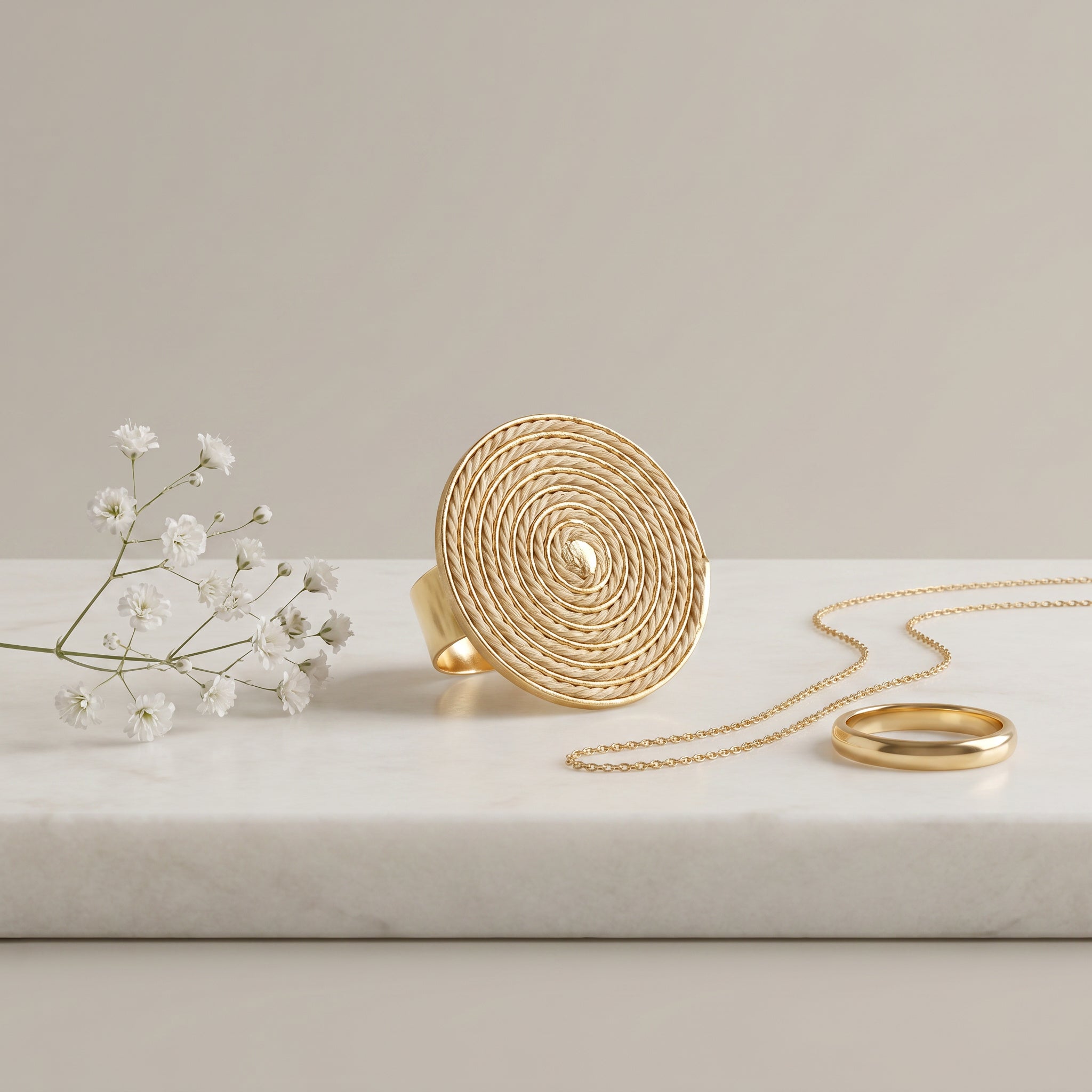 Purplee Store Buriti Seryne Ring | Exotic Vegan Silk on a light surface with white flowers