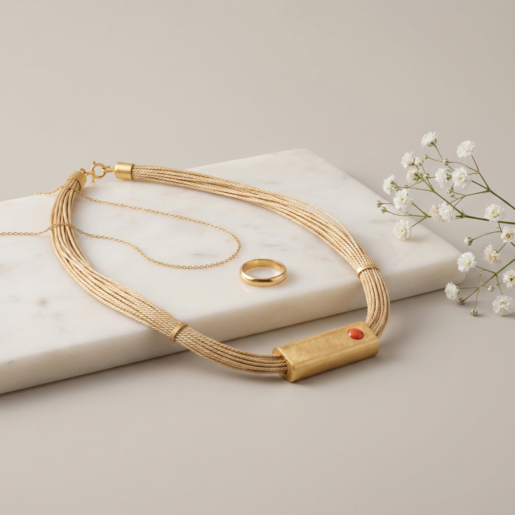 Purplee Store Buriti Geometric Orvellia Necklace and ring on a marble surface with white flowers.