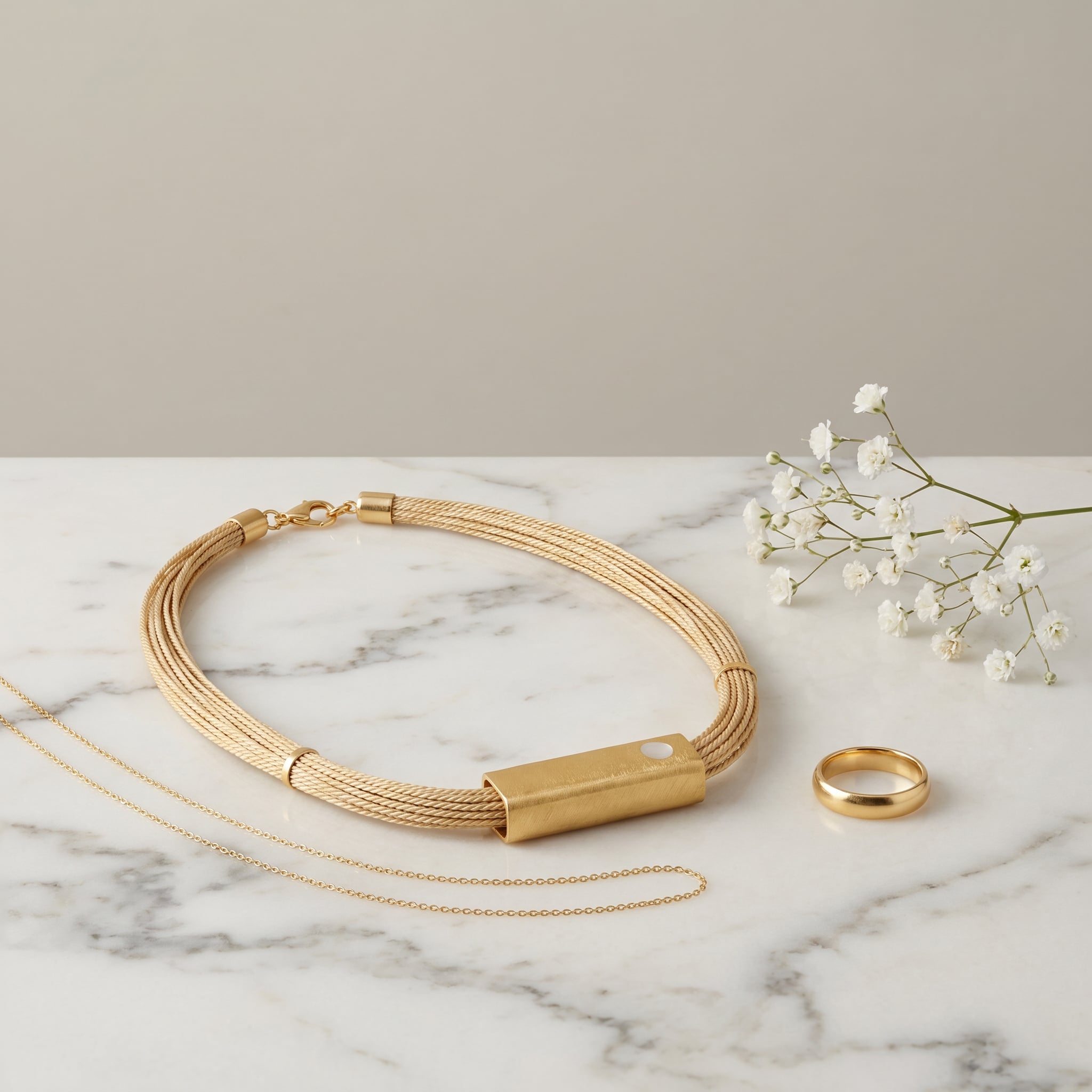 Purplee Store Buriti Geometric Orvellia Necklace and ring on a marble surface with small white flowers.