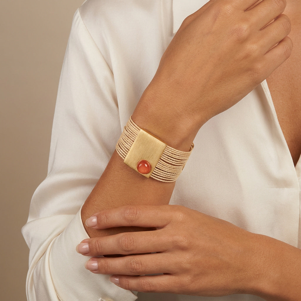 Buriti Gold bracelet with a red stone on a wrist against a neutral background Purplee Store