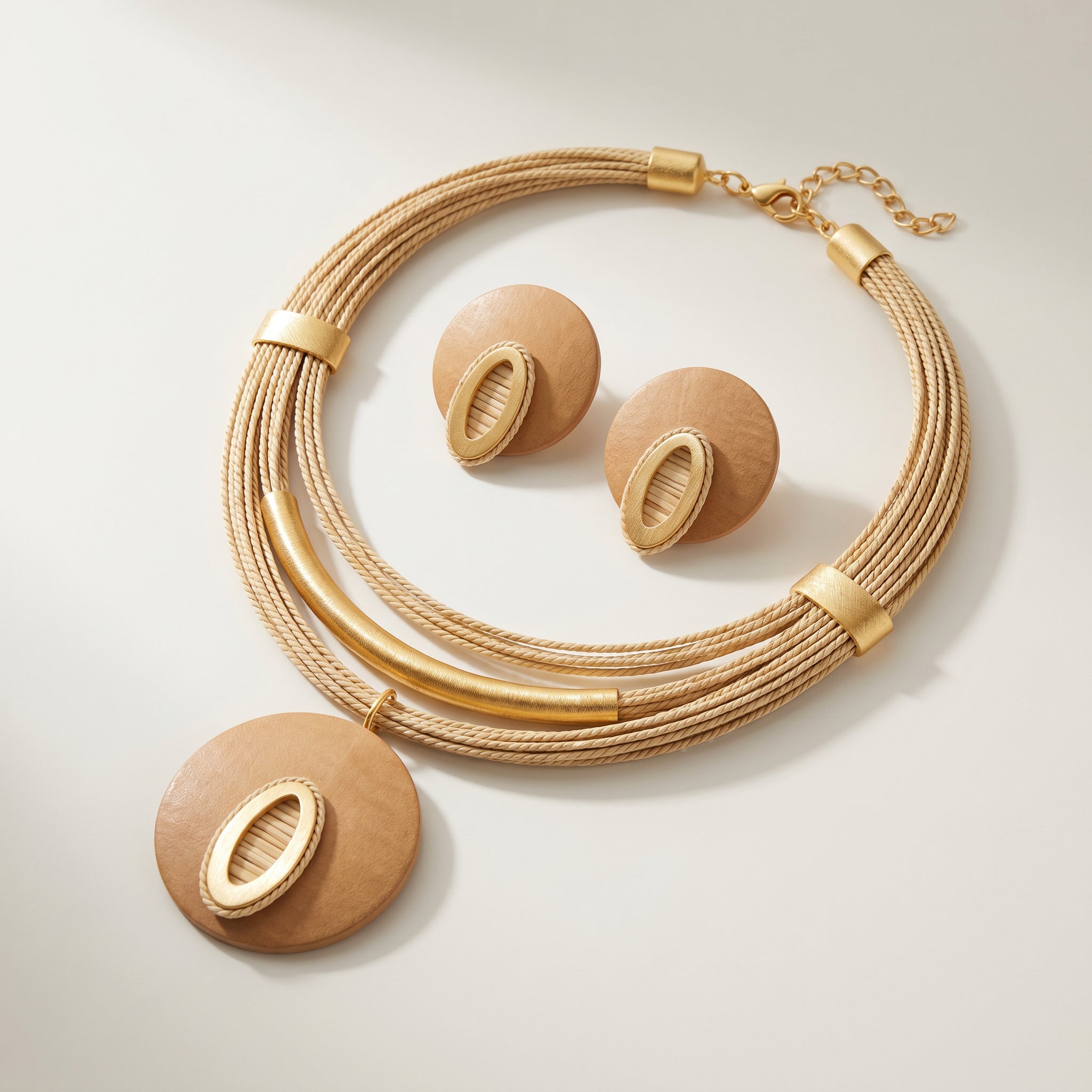 Purplee Store Buriti Statement Vireli Set necklace and earrings with natural wood on a light background
