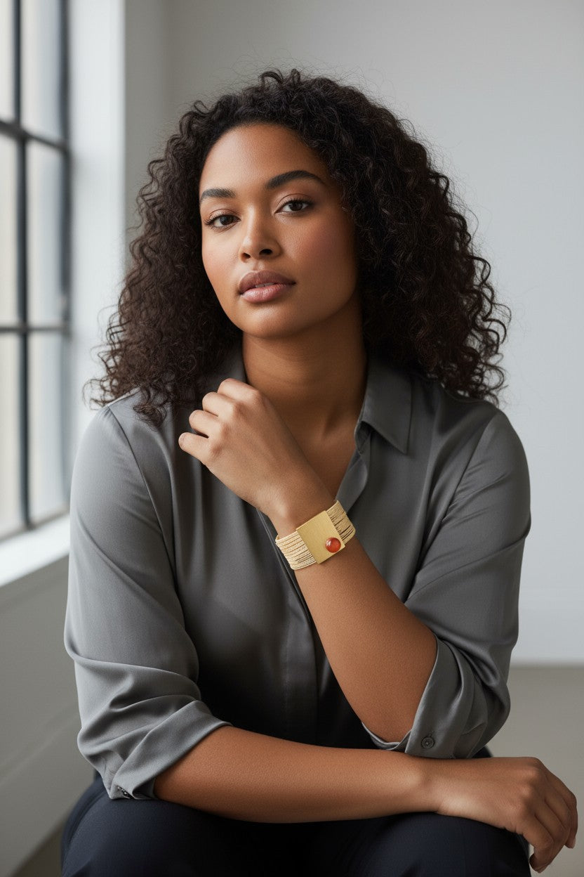 Elegant Colaris Bracelet Agata Fire crafted in Buriti fiber and 18k gold