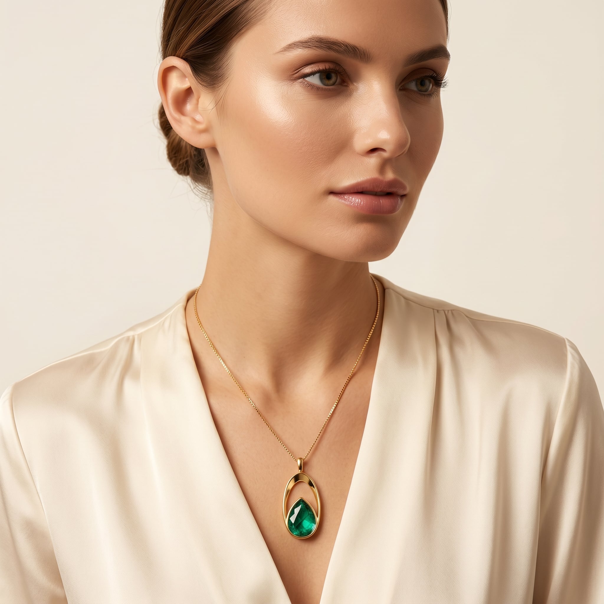 Woman wearing a Purplee Store ELAN Emerald Halo Necklace pendant against a beige background