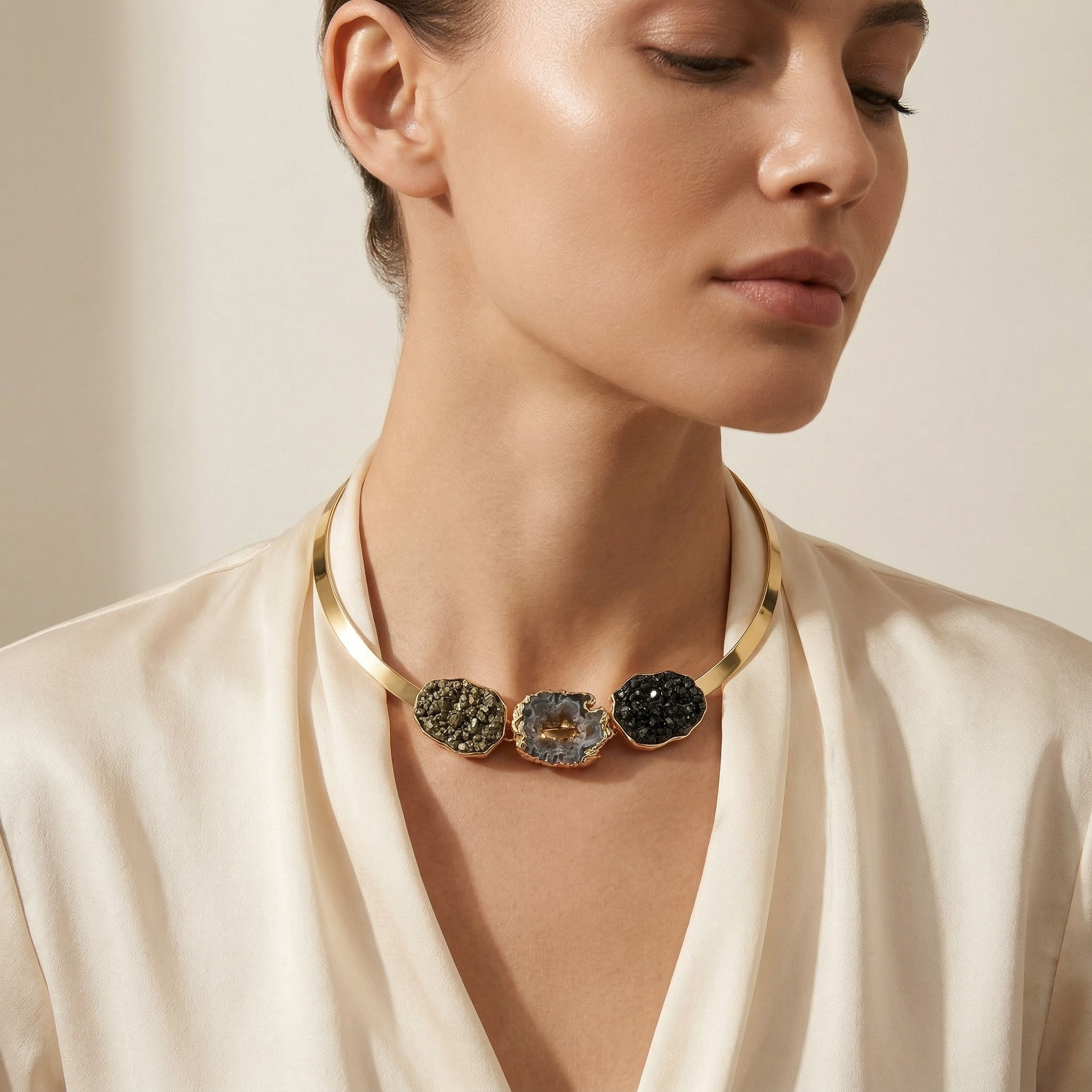 Woman wearing a Earthly Opulence Triple Power Gemstone Choker - Purplee Store against a neutral background