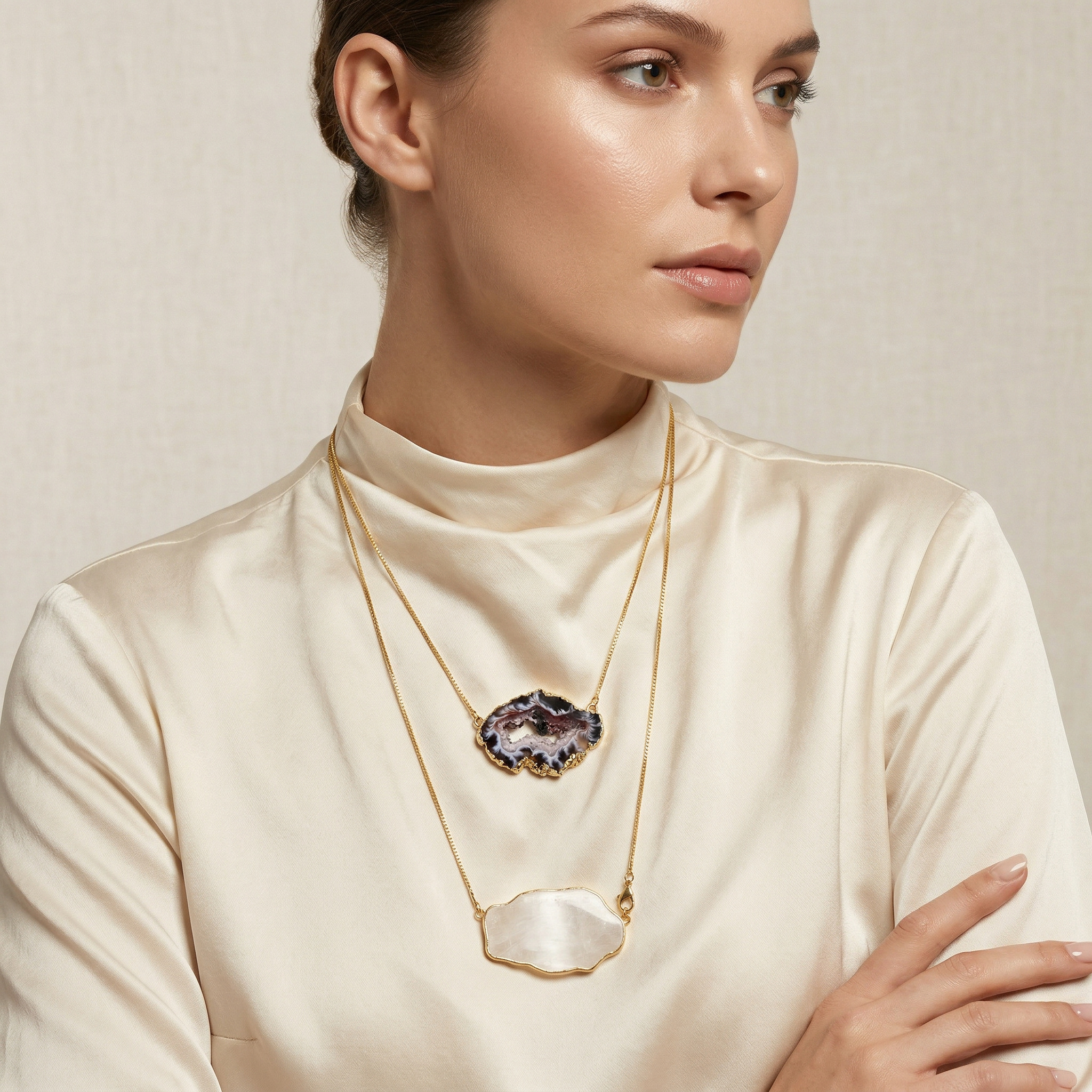 Elegant woman using a Earthly Opulence Sublime Gemstone Necklace-Purplee Store