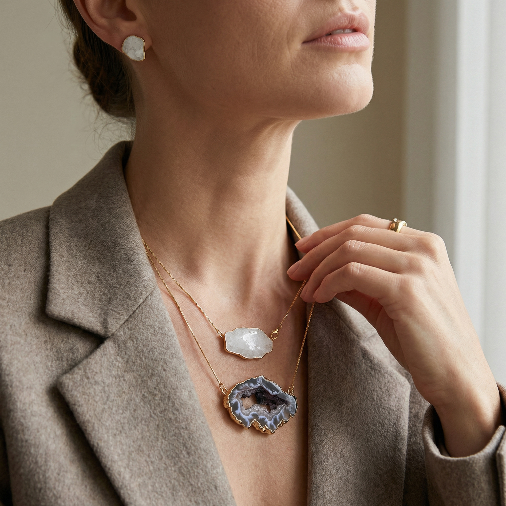 Elegant woman using a Earthly Opulence Sublime Gemstone Necklace-Purplee Store