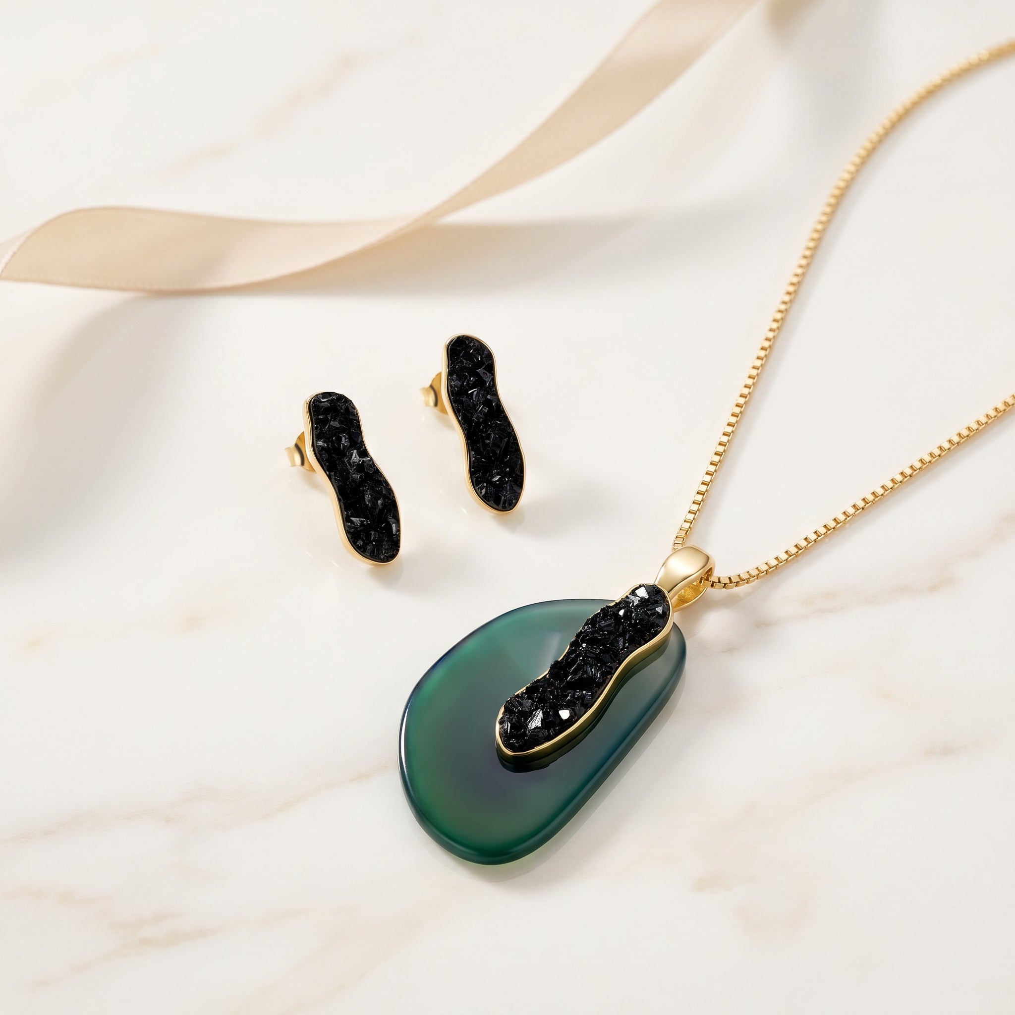 Earthly Opulence Emerald Gemstone Set -Purplee Store on a white fabric background
