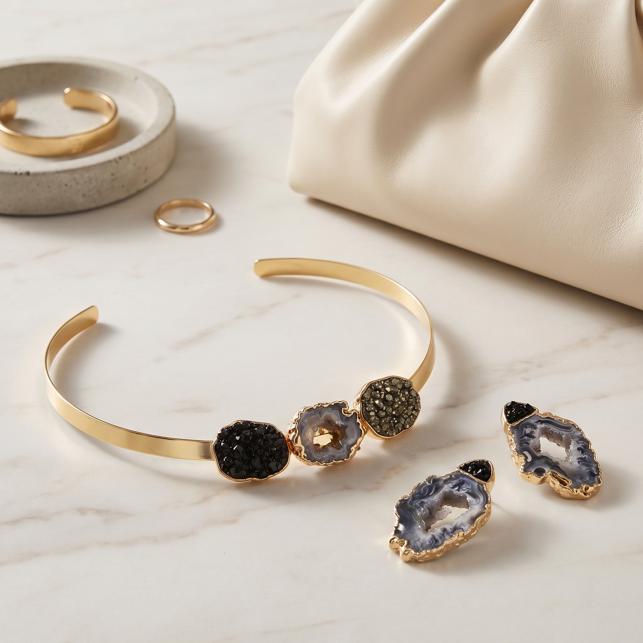Earthly Opulence Triple Power Gemstone Choker - Purplee Store and earrings with gemstone accents on a marble surface