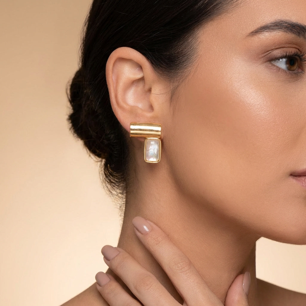 Purplee Store ICON Prism Opal Luxury Earrings worn by a model on a beige background