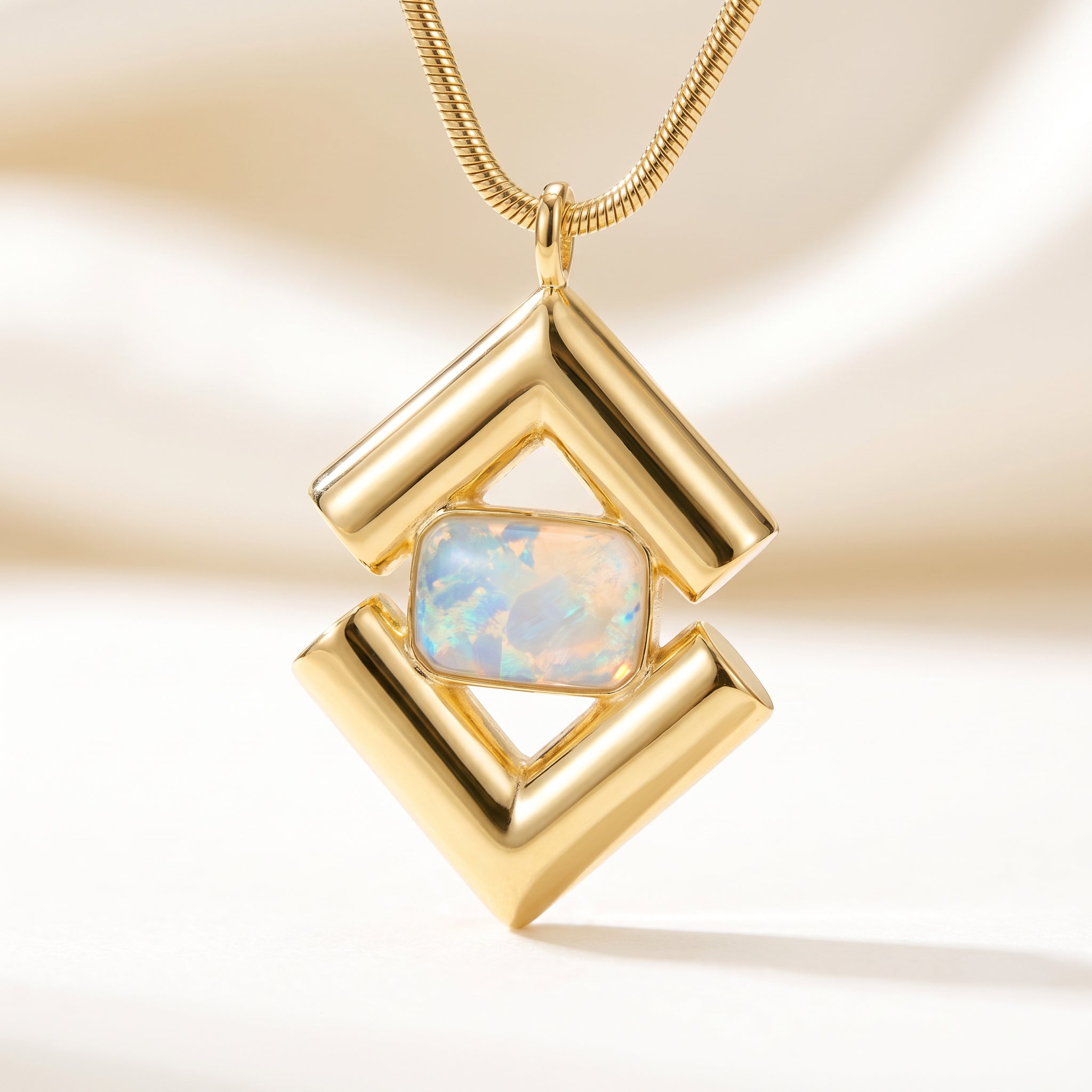 Close-up on PurpIee Store ICON Prism Opal Luxury Necklaceon a soft beige background
