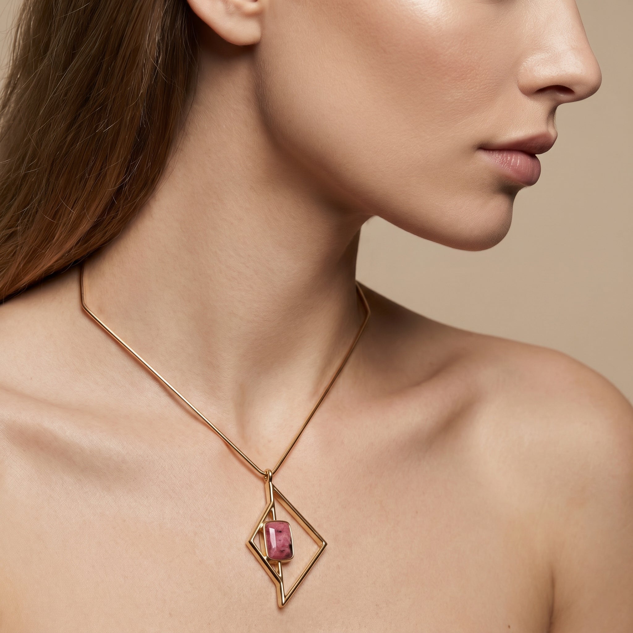 Purplee Store ICON Vertex Rhodonite Chocker worn by a model on a beige background