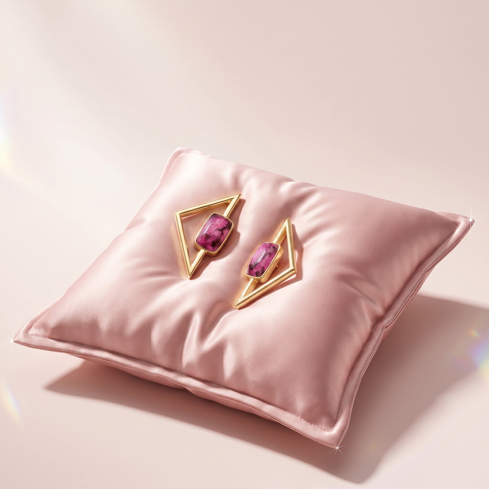 Purplee Store ICON Vertex Rhodonite Earrings on a pink cushion