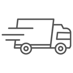 Line drawing of a delivery truck with a speed symbol on a white background