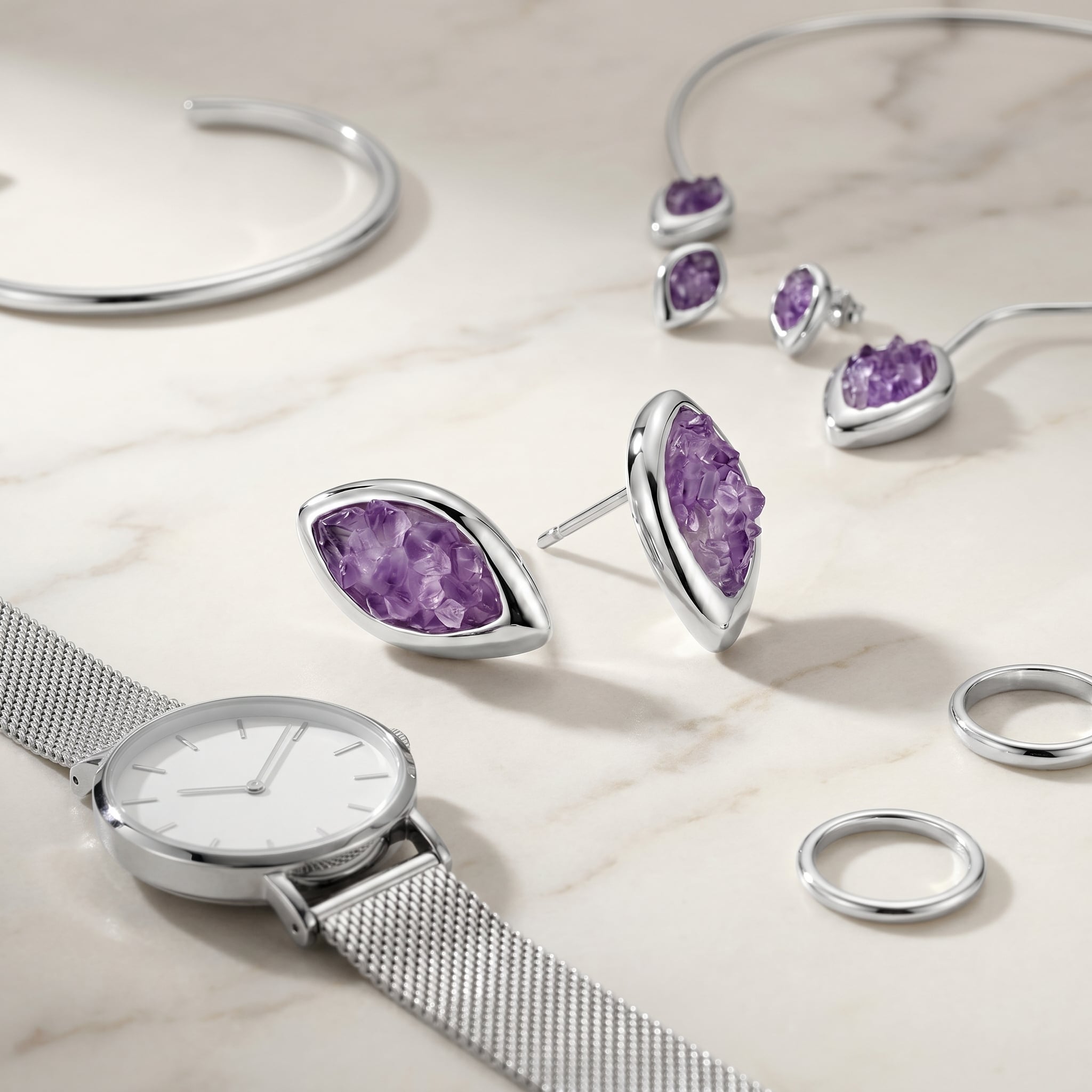 Purplee Store PIORELLE Amethyst Birthstone set on a marble surface