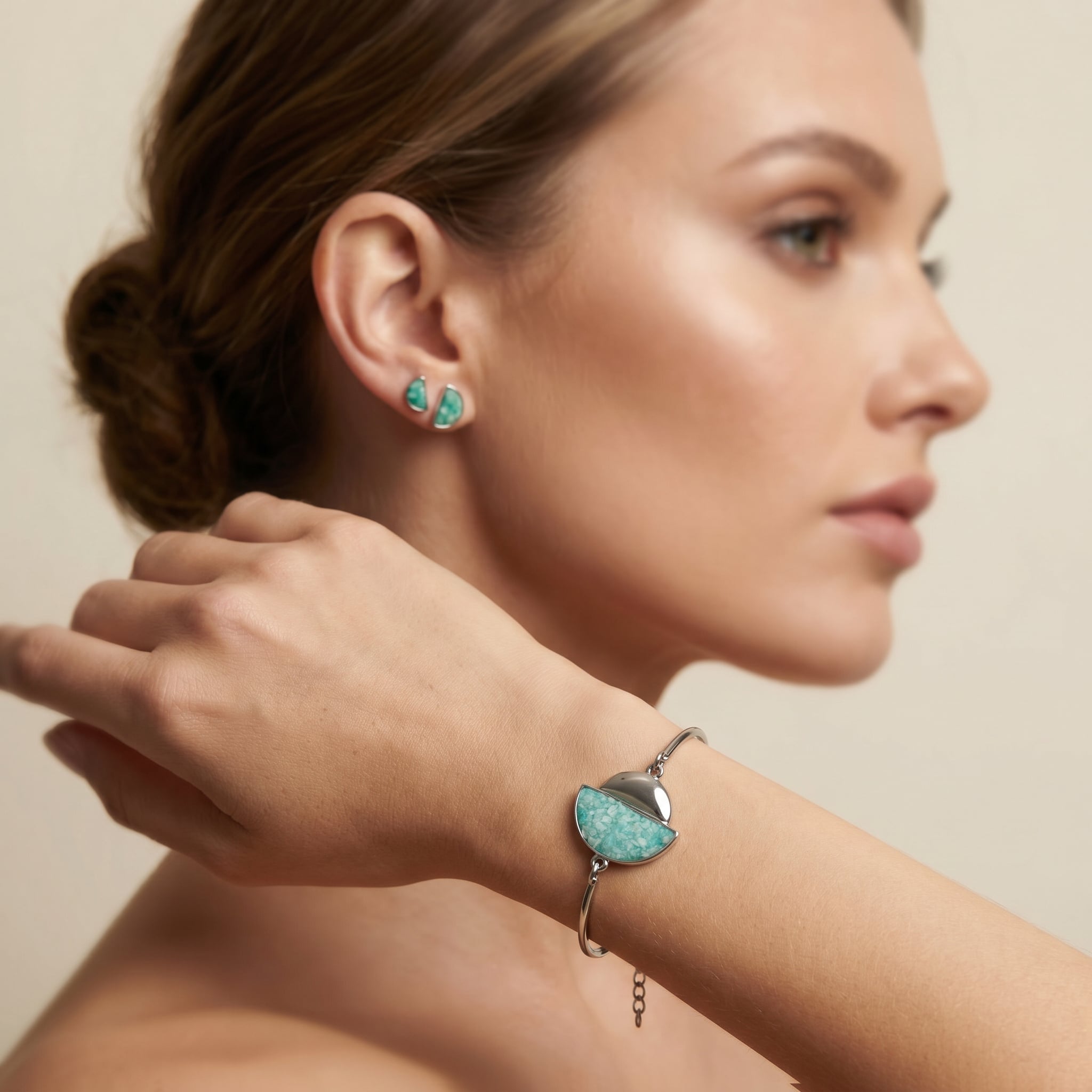 Woman wearing Purplee Store PIORELLE Green Amazonite Birthstone Bracelet against a neutral background