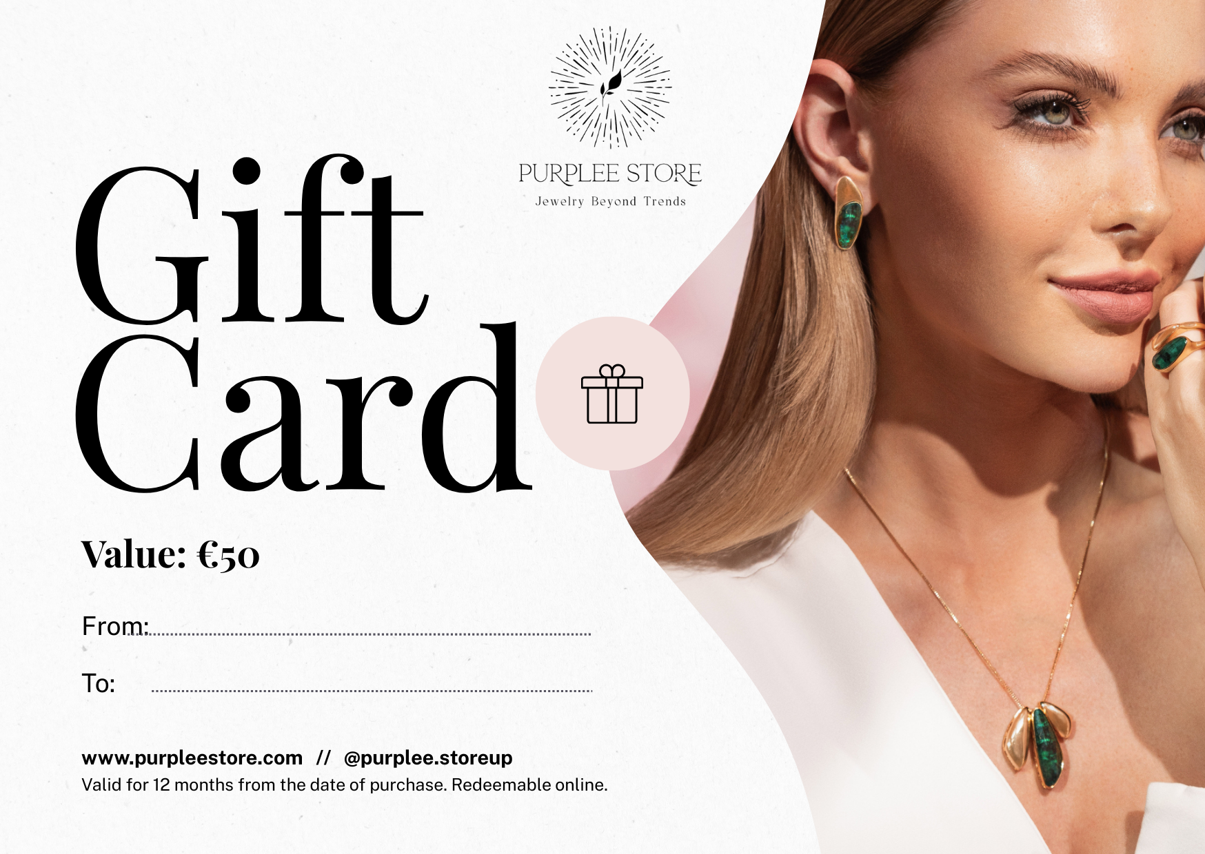 Gift card €50 with a model wearing jewelry from the Purple Store on a white background