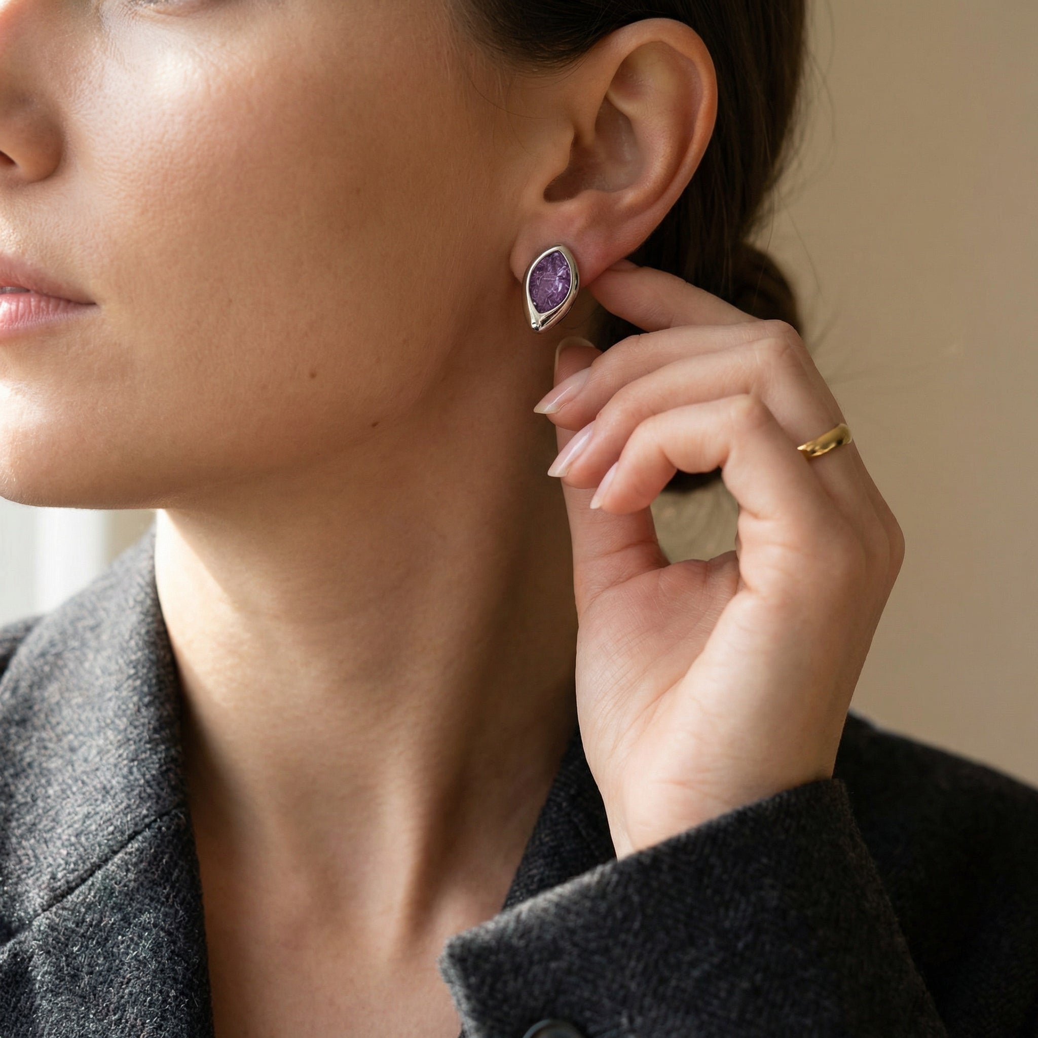 Amethyst Birthstone Earrings – Minimal Elegant Design | Luxury handcrafted jewelry with natural materials and genuine stones - Purplee Store
