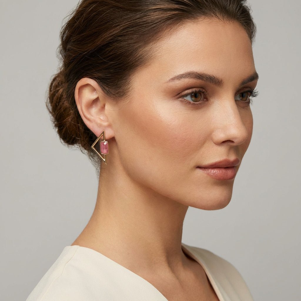 Genuine Rhodonite Drop Earrings 24K Gold Plated | Luxury handcrafted jewelry with natural materials and genuine stones - Purplee Store