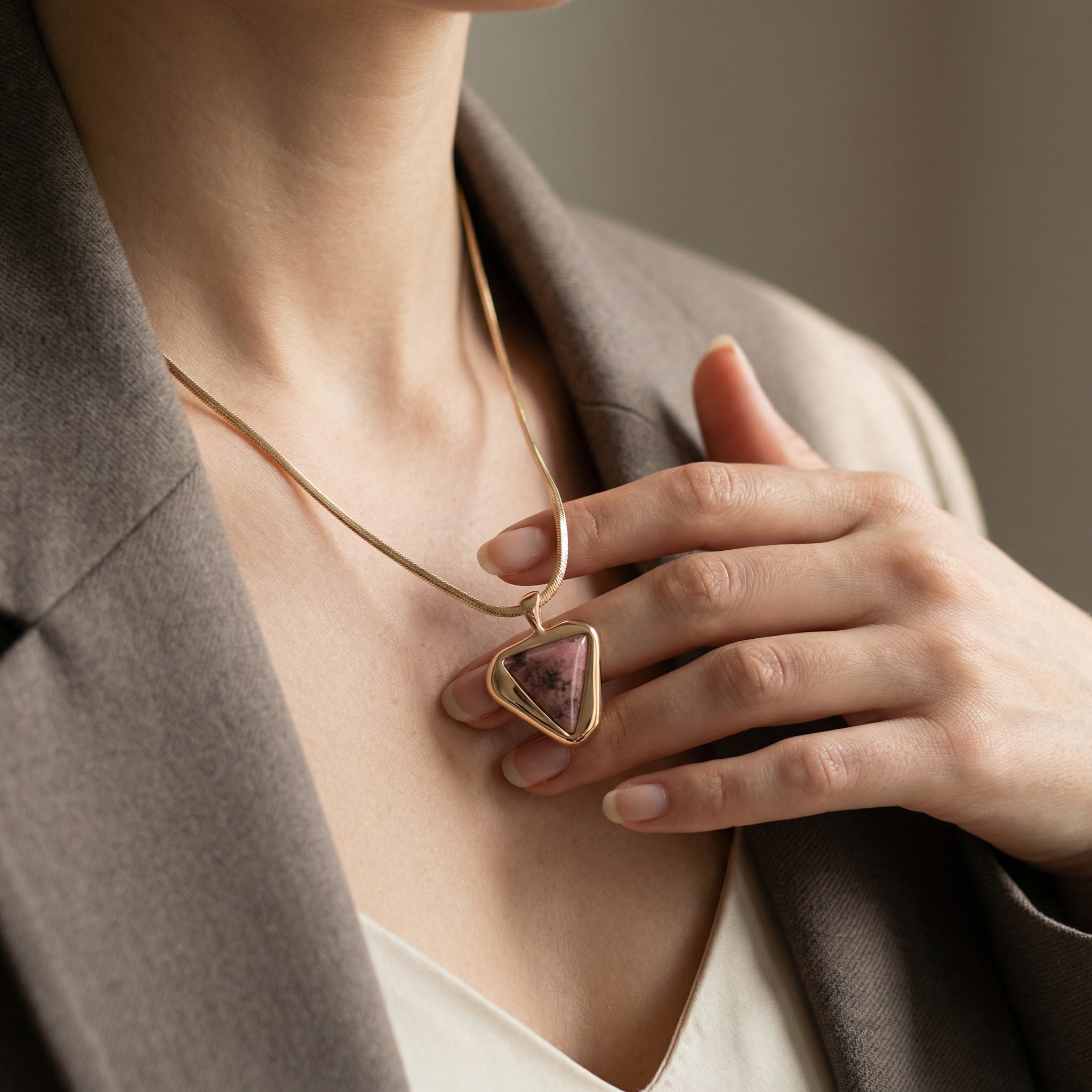 Luxury 24K Gold Plated Pendant Necklace with Genuine Rhodonite | Luxury handcrafted jewelry with natural materials and genuine stones - Purplee Store