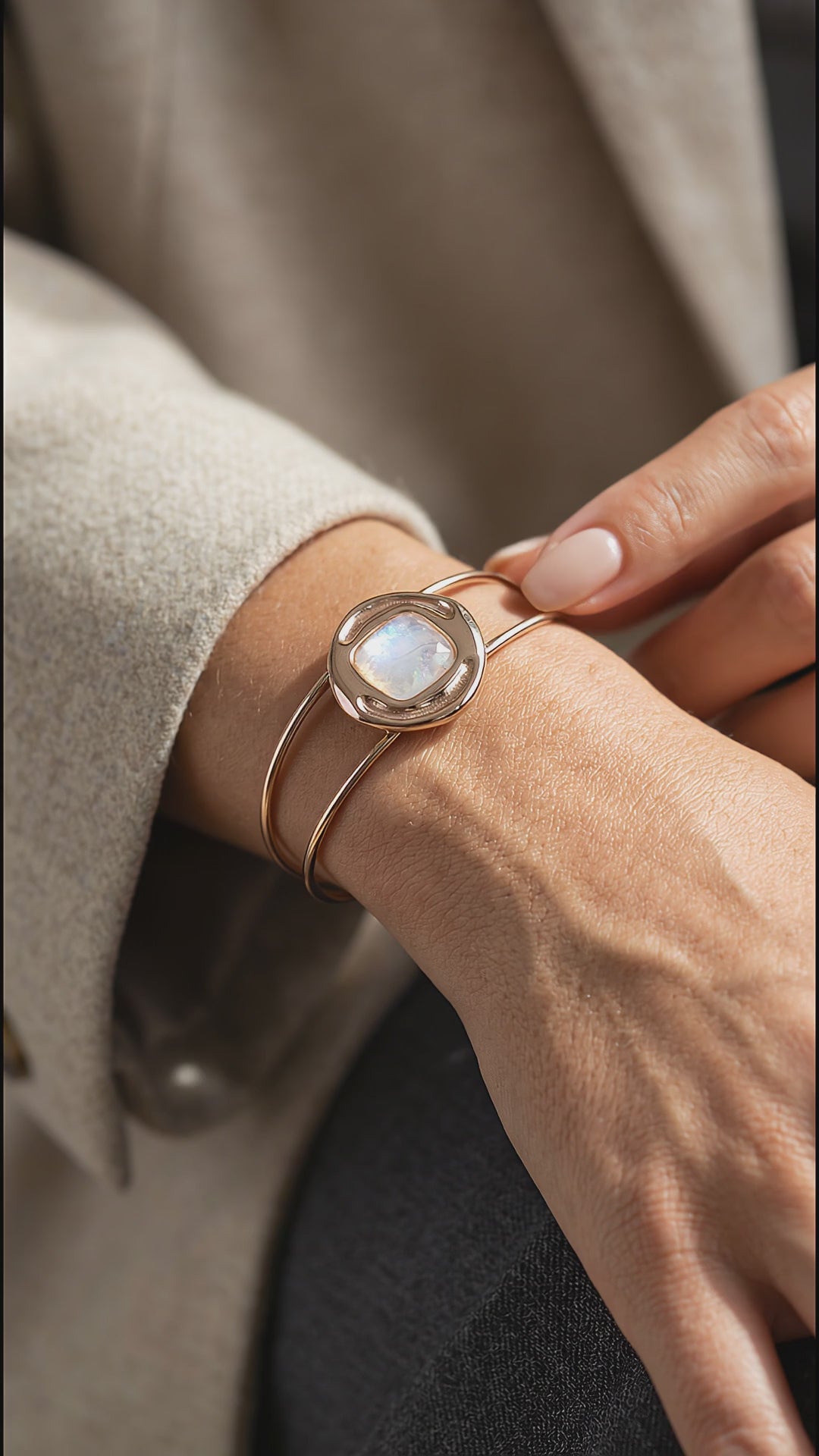 Video of woman using a Natural Opal Bracelet 24K Gold Plated - Nautilus Design Handcrafted Jewelry. Purplee Store