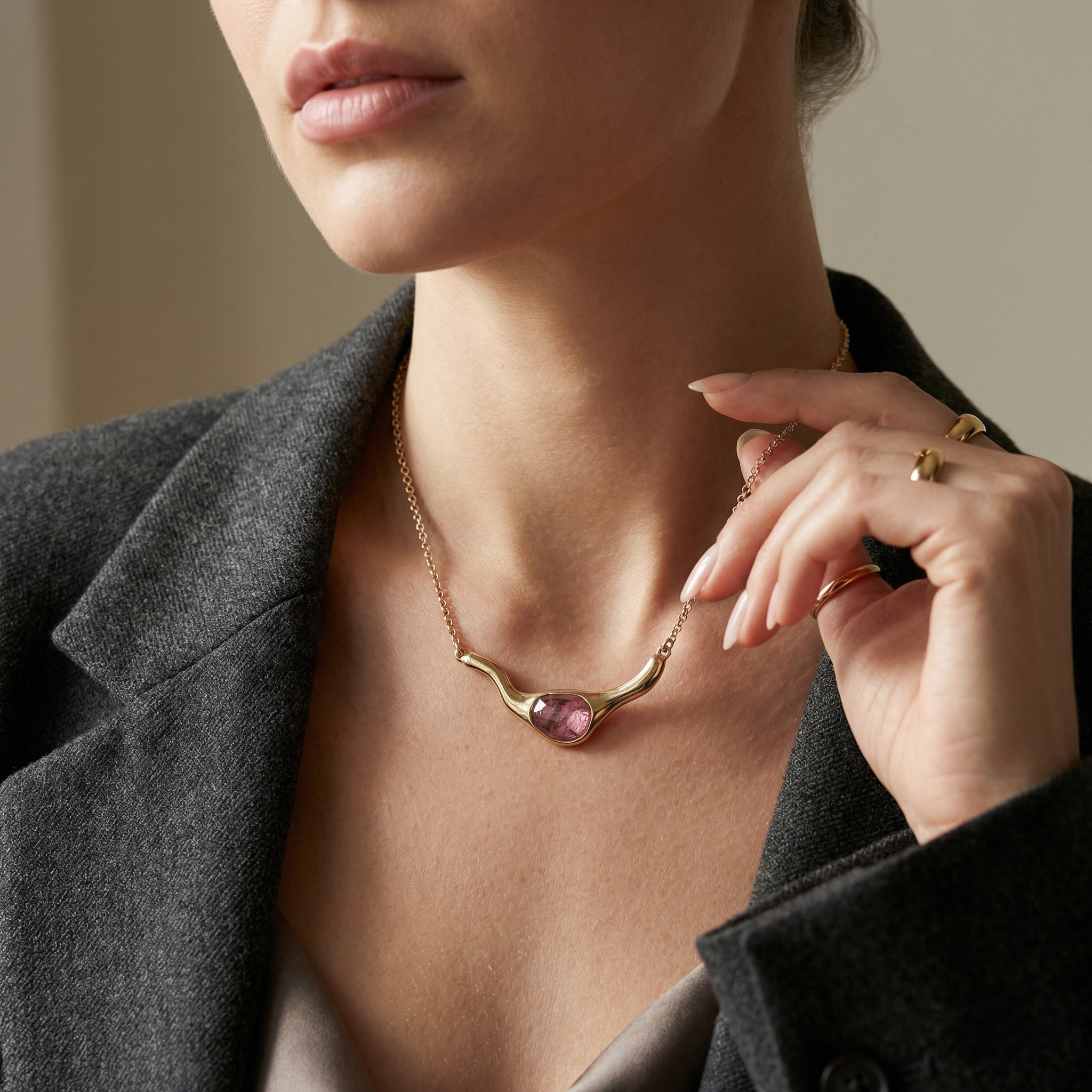 Rhodonite 24K Triple Gold Plated Statement Necklace | Luxury handcrafted jewelry with natural materials and genuine stones - Purplee Store